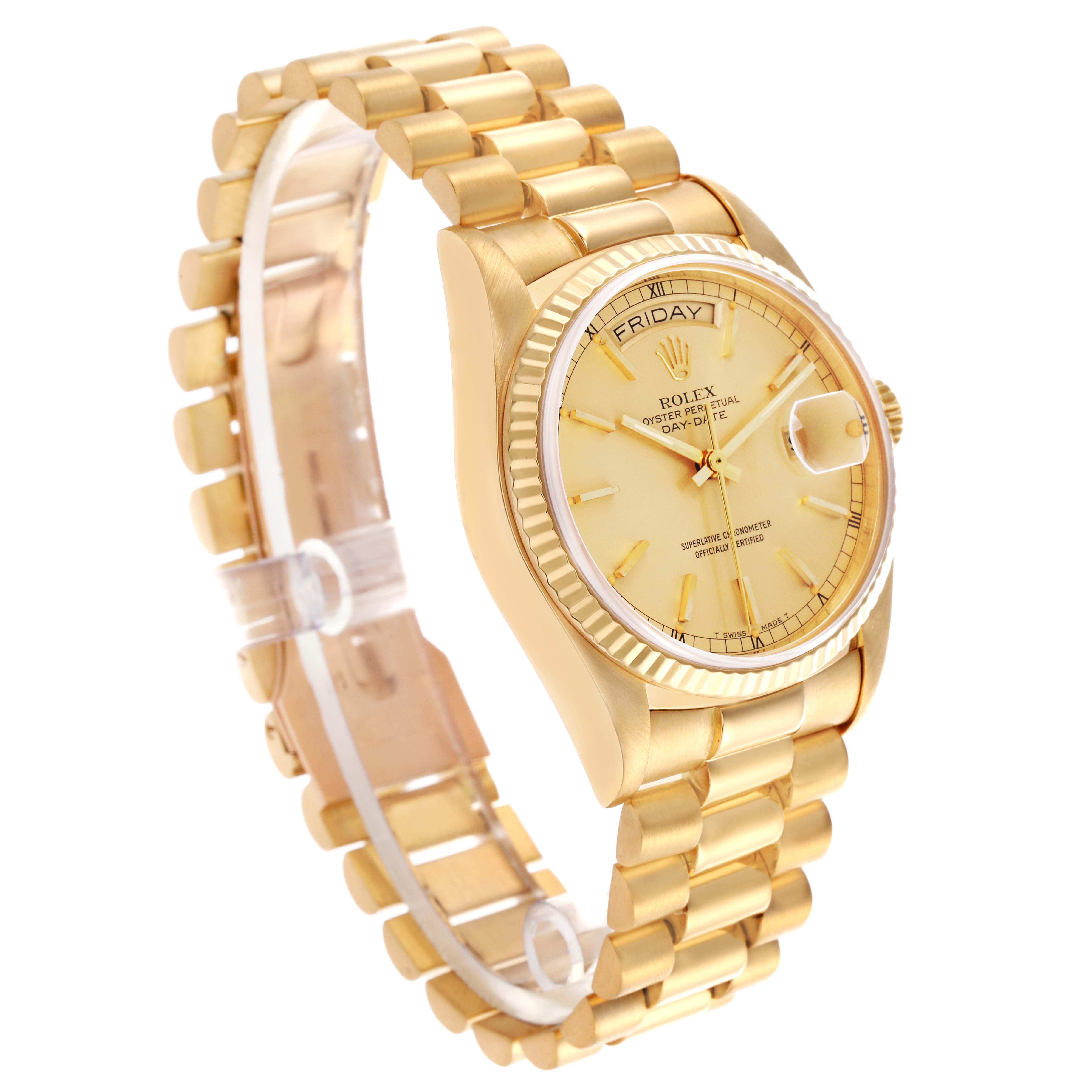 The Rolex President 18038 Men's Yellow Gold Champagne Dial 18038 Men's Yellow Gold Champagne Dial model is shown at an oblique angle, highlighting the bracelet, case, dial, and fluted bezel.