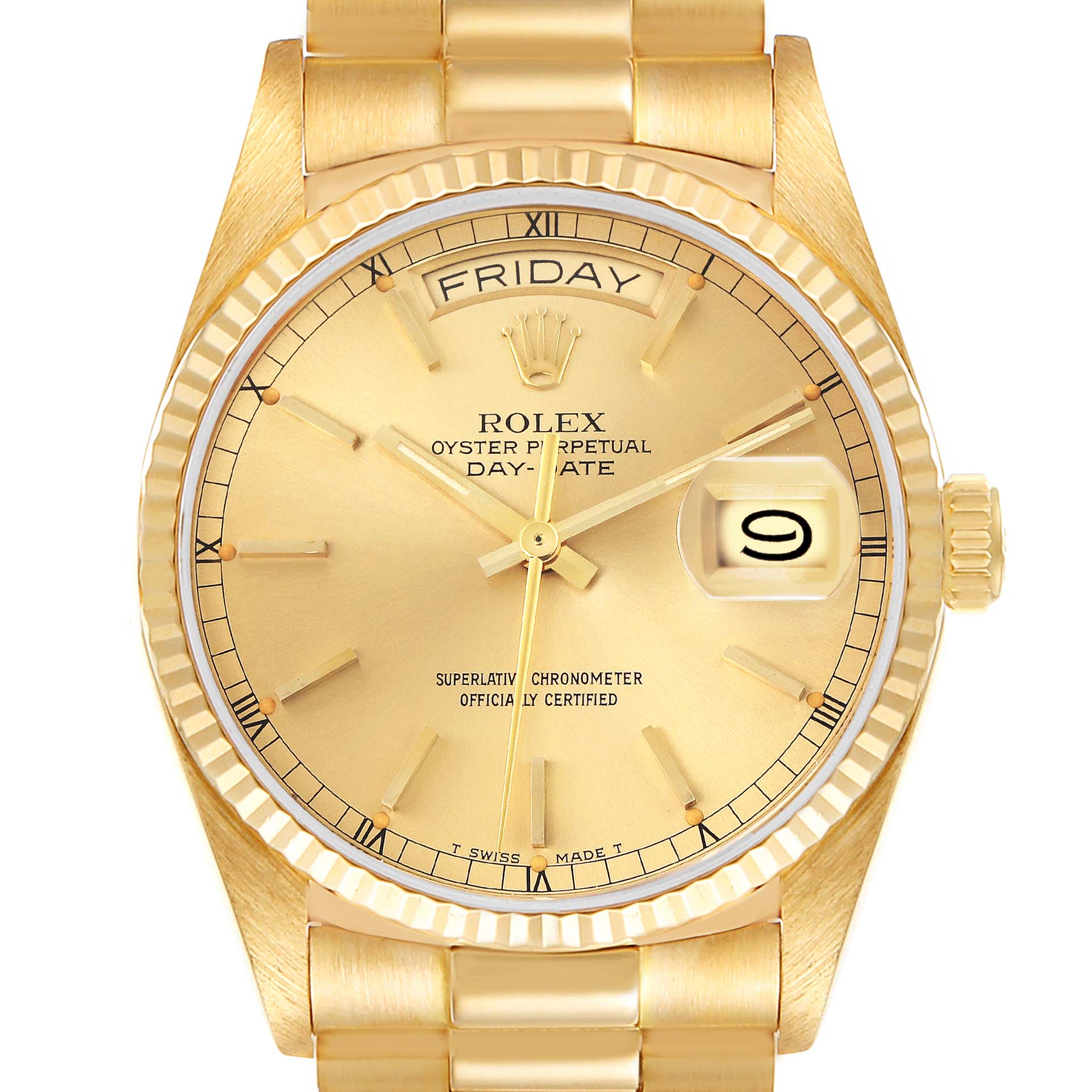 The Rolex President 18038 Men's Yellow Gold Champagne Dial 18038 Men's Yellow Gold Champagne Dial watch is shown from a top-down view, displaying the entire face, bezel, and part of the bracelet.