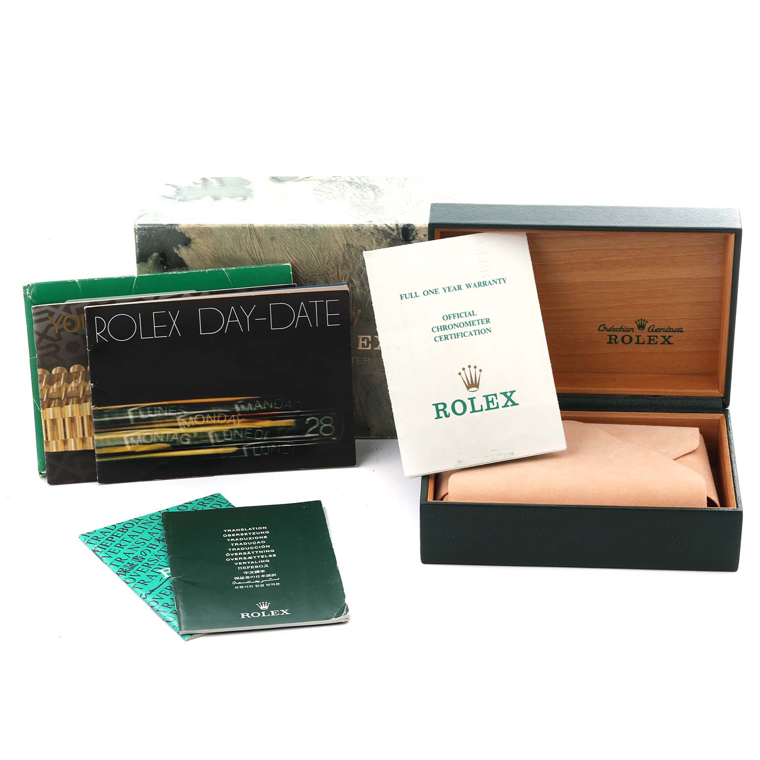 The image shows the Rolex President 18038 Men's Yellow Gold Champagne Dial 18038 Men's Yellow Gold Champagne Dial model packaging, manuals, warranty, and certification documents.