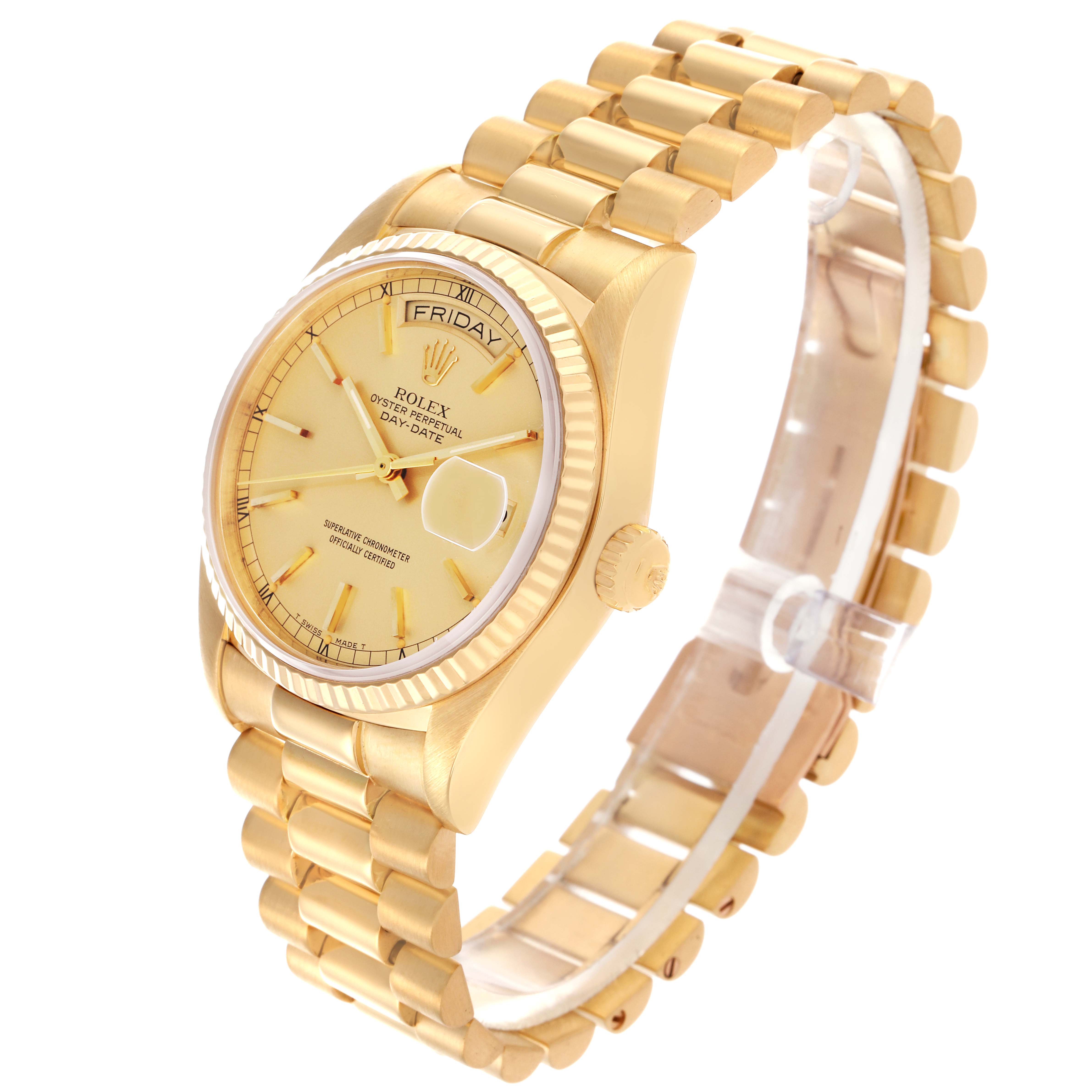 The Rolex President 18038 Men's Yellow Gold Champagne Dial 18038 Men's Yellow Gold Champagne Dial model is shown at a slight angle, highlighting the watch face, bracelet, and partially visible crown.