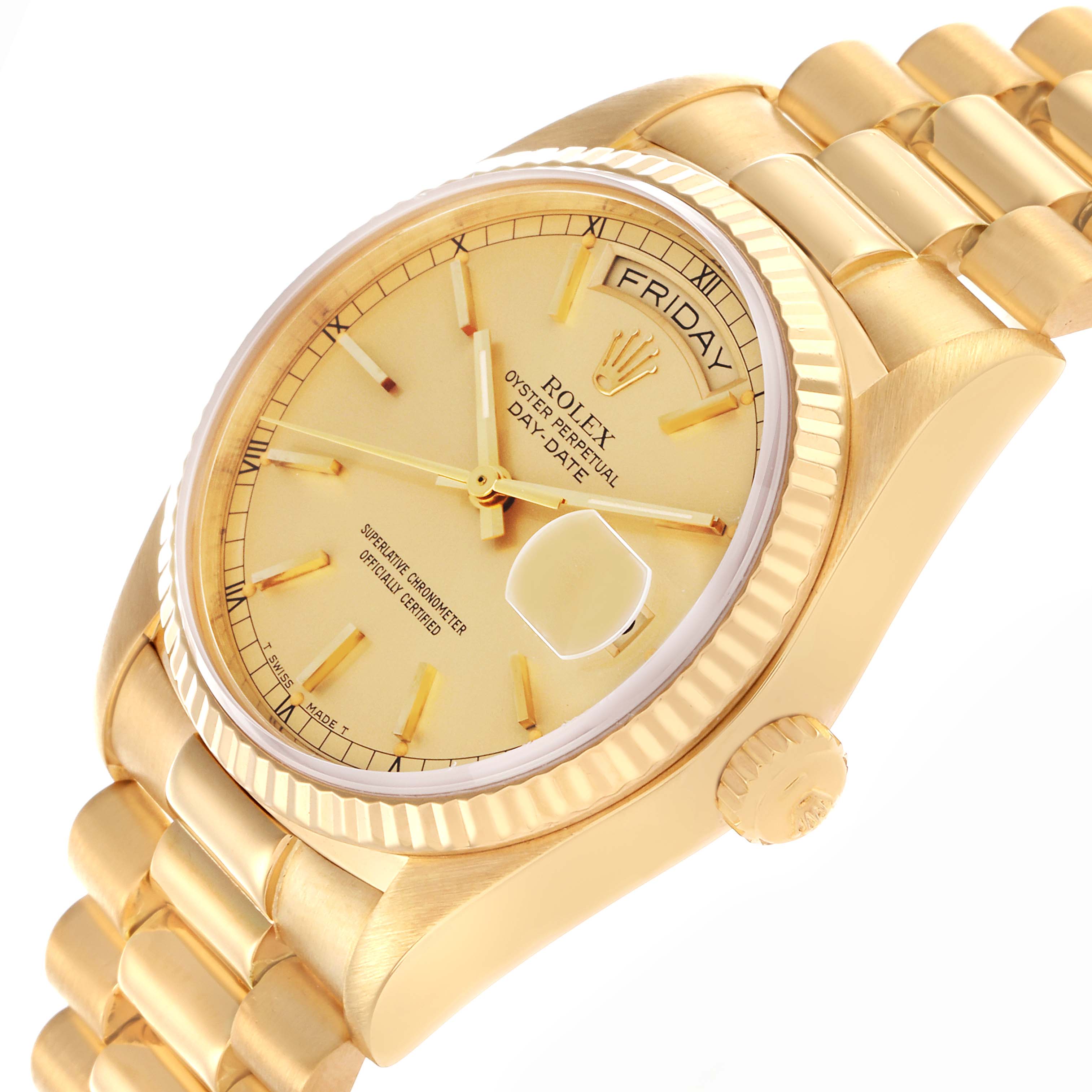 The Rolex President 18038 Men's Yellow Gold Champagne Dial 18038 Men's Yellow Gold Champagne Dial model watch is shown at an angle displaying the dial, day/date windows, crown, and part of the bracelet.