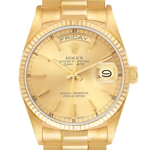 The Rolex President watch is shown from a frontal angle, highlighting its face, dial, hands, day, and date features.