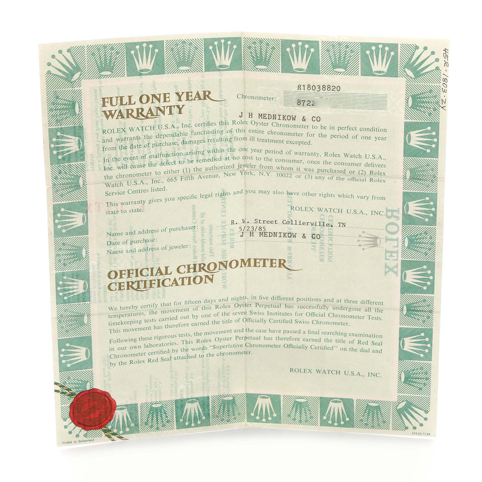 The image shows a Rolex President 18038 Men's Yellow Gold Champagne Dial 18038 Men's Yellow Gold Champagne Dial model warranty and chronometer certification document.