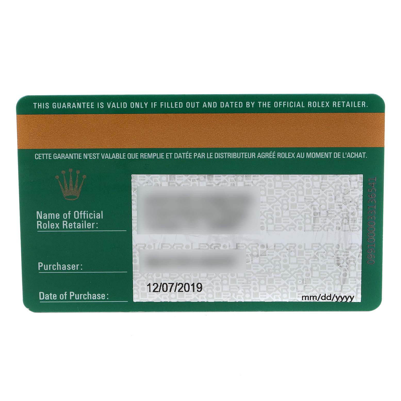 This image shows the warranty card for the Rolex Sea-Dweller 126600 Men
s Stainless Steel Black Dial 126600 Men
s Stainless Steel Black Dial watch.