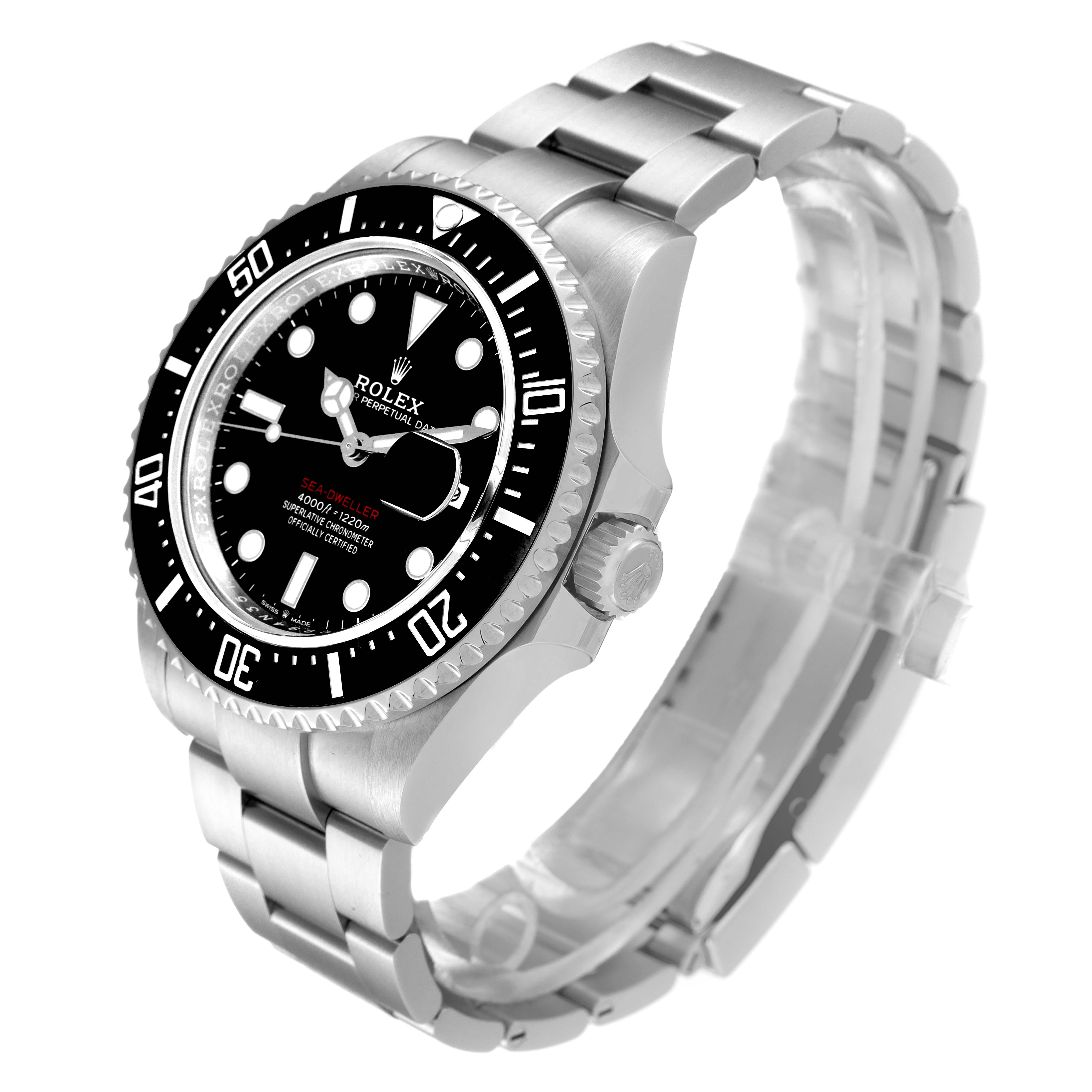 The Rolex Sea-Dweller 126600 Men
s Stainless Steel Black Dial 126600 Men
s Stainless Steel Black Dial watch is shown at a three-quarter angle, highlighting the face, bezel, crown, and stainless steel bracelet.