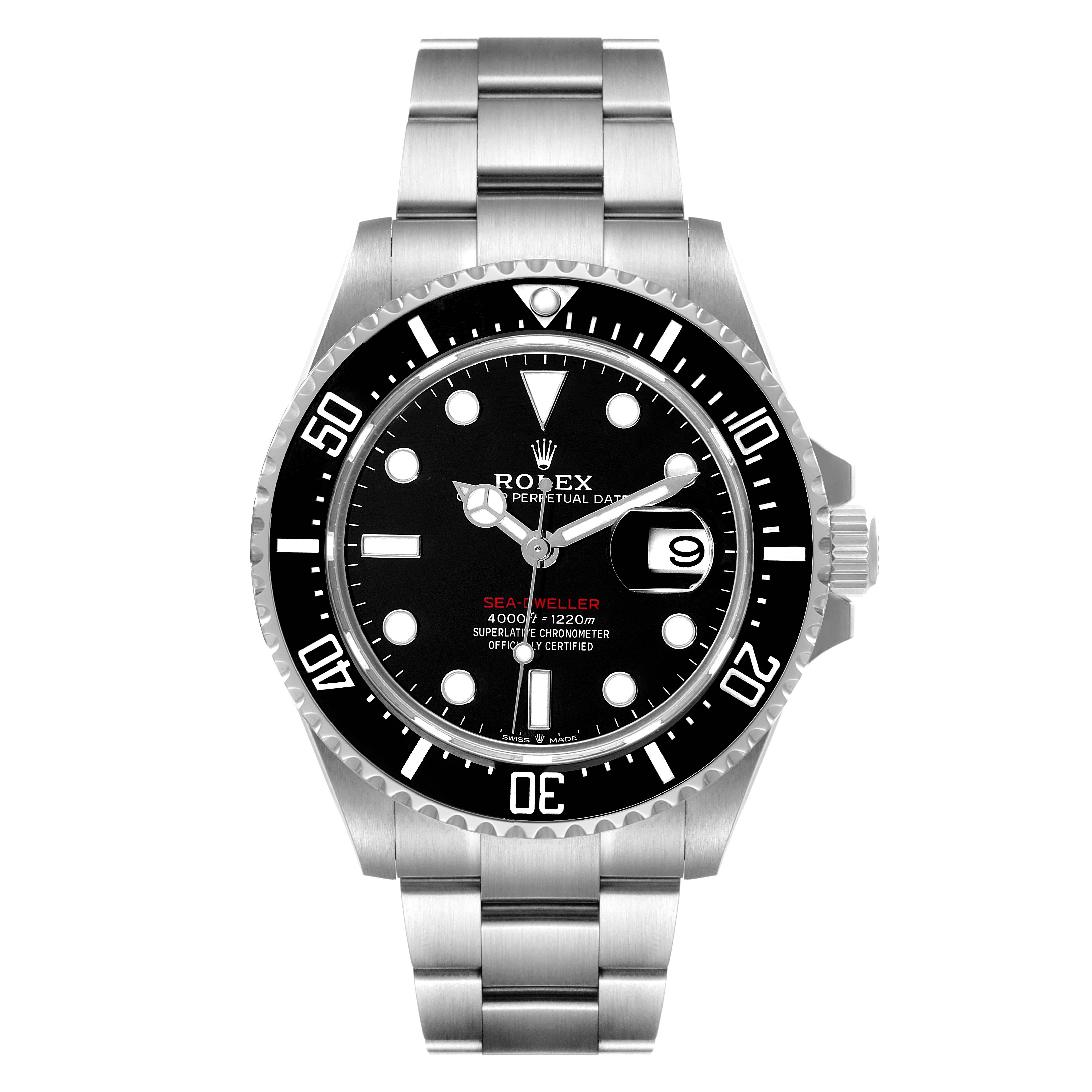 The image shows a frontal view of the Rolex Sea-Dweller 126600 Men
s Stainless Steel Black Dial 126600 Men
s Stainless Steel Black Dial watch, showcasing its face, bezel, and bracelet.