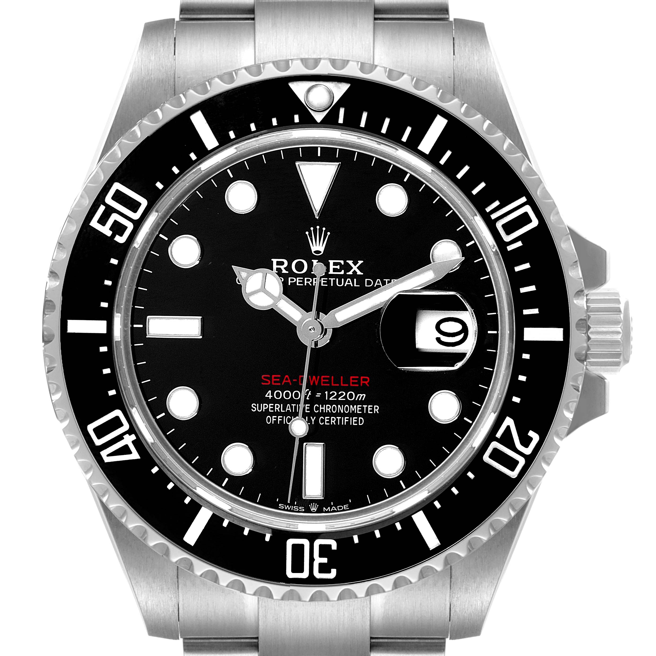 The image shows a frontal view of the Rolex Sea-Dweller 126600 Men
s Stainless Steel Black Dial 126600 Men
s Stainless Steel Black Dial watch, highlighting the dial, bezel, and part of the bracelet.