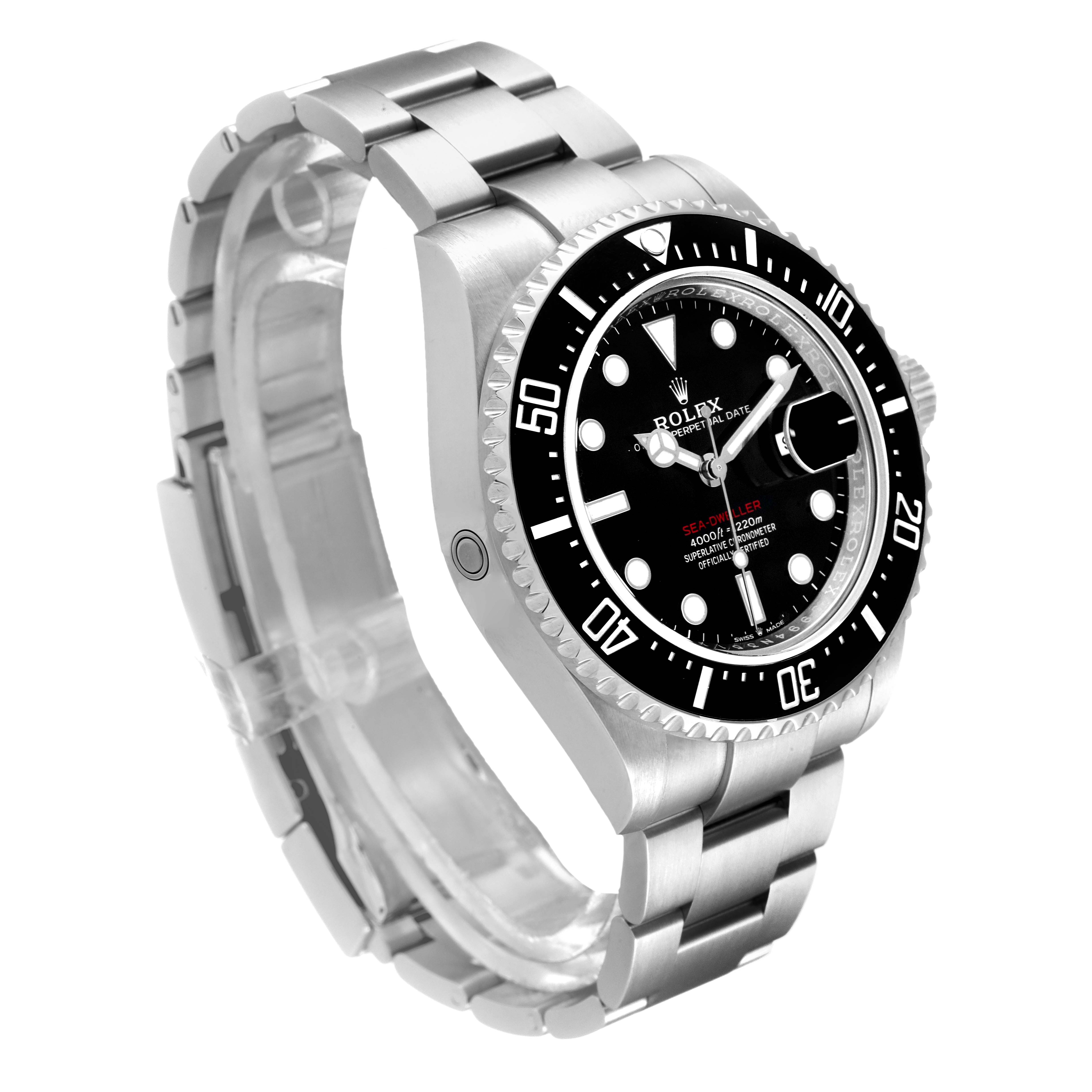 This image shows a Rolex Sea-Dweller 126600 Men
s Stainless Steel Black Dial 126600 Men
s Stainless Steel Black Dial watch at a three-quarter angle, highlighting the bezel, dial, and part of the bracelet.