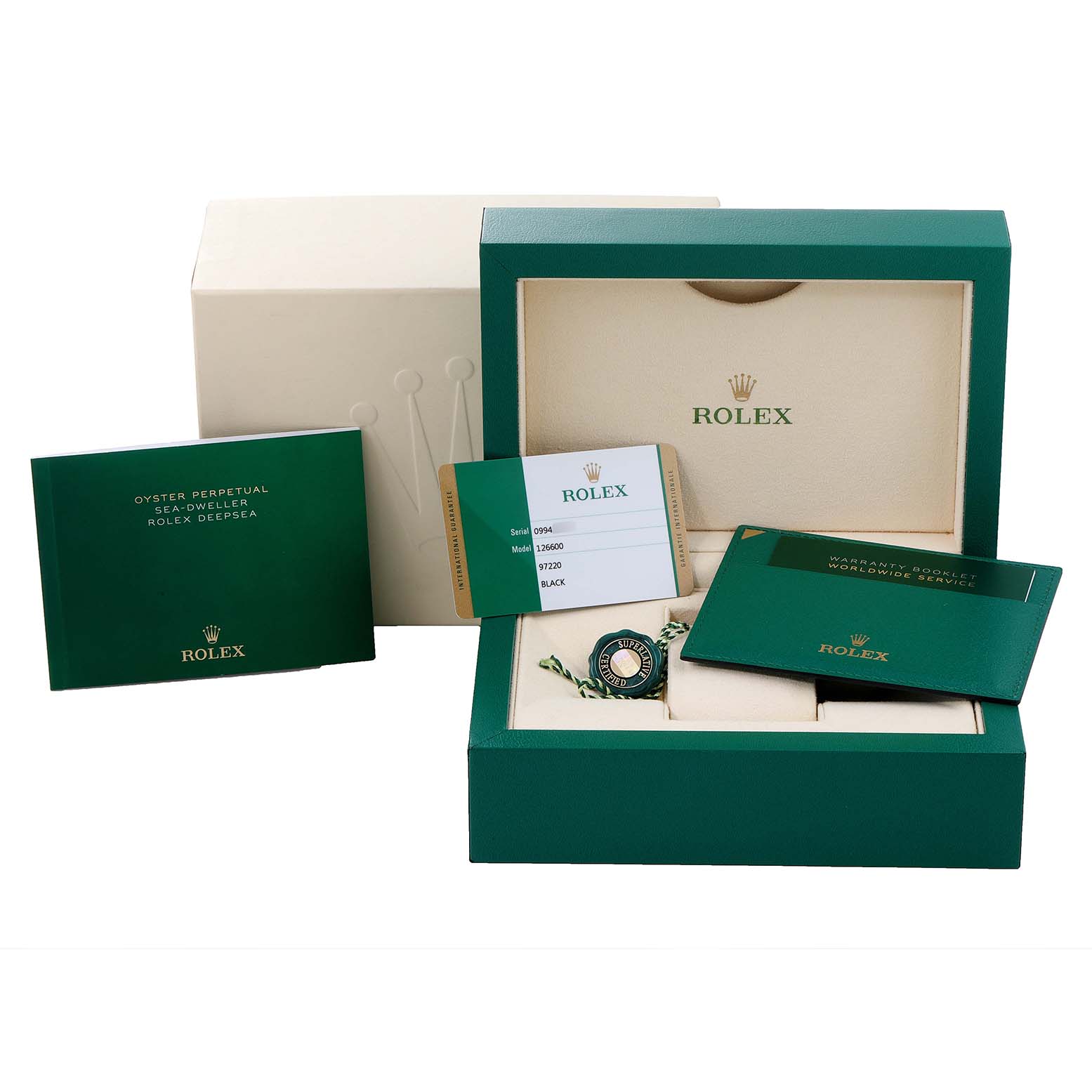 The image, shot from the top angle, shows the packaging and accessories for a Rolex Sea-Dweller 126600 Men
s Stainless Steel Black Dial 126600 Men
s Stainless Steel Black Dial watch, including booklets, a warranty card, and a box.