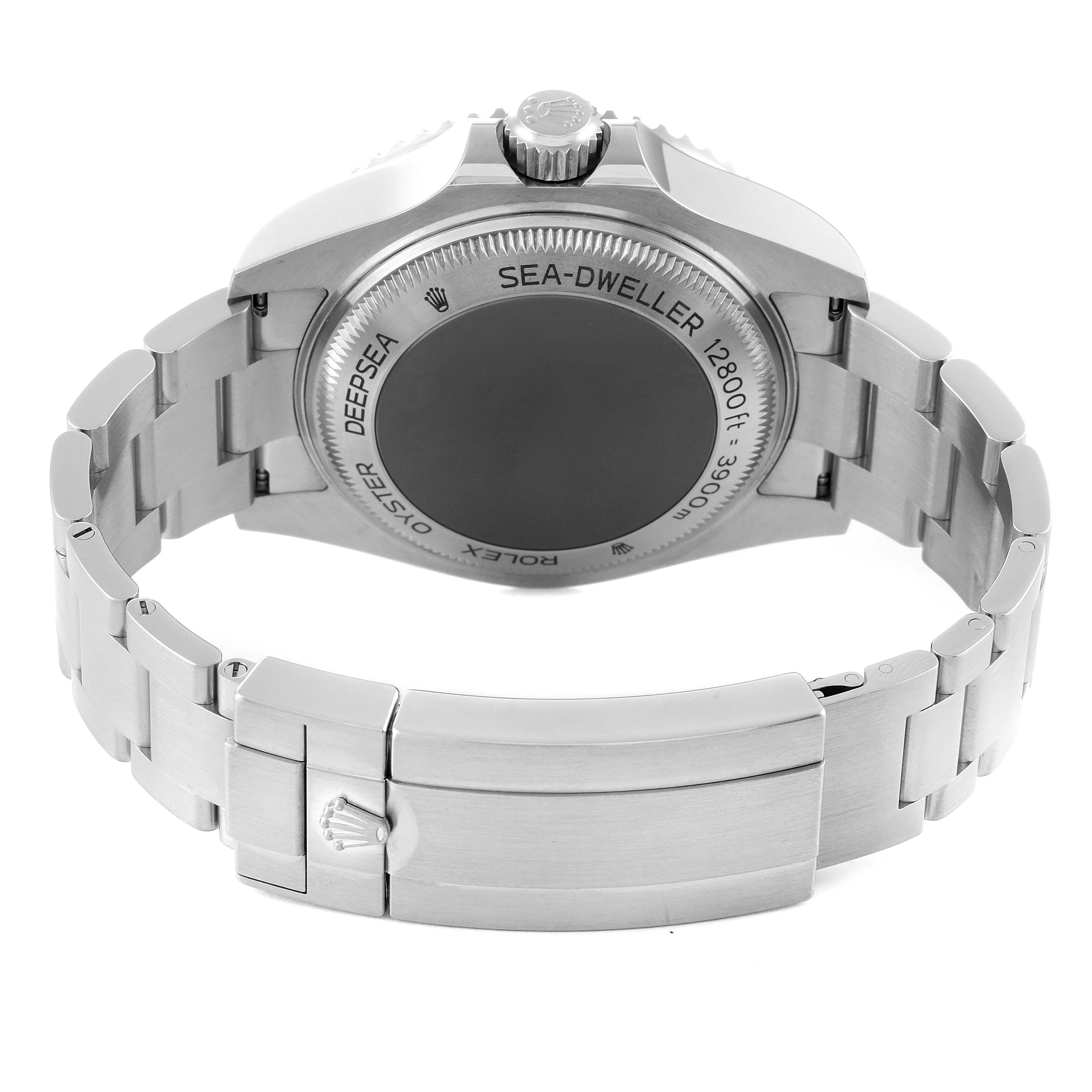 The image shows the back view of a Rolex Sea-Dweller 126660 Men
s Stainless Steel Black Dial 126660 Men
s Stainless Steel Black Dial watch, highlighting the case back, clasp, and bracelet.