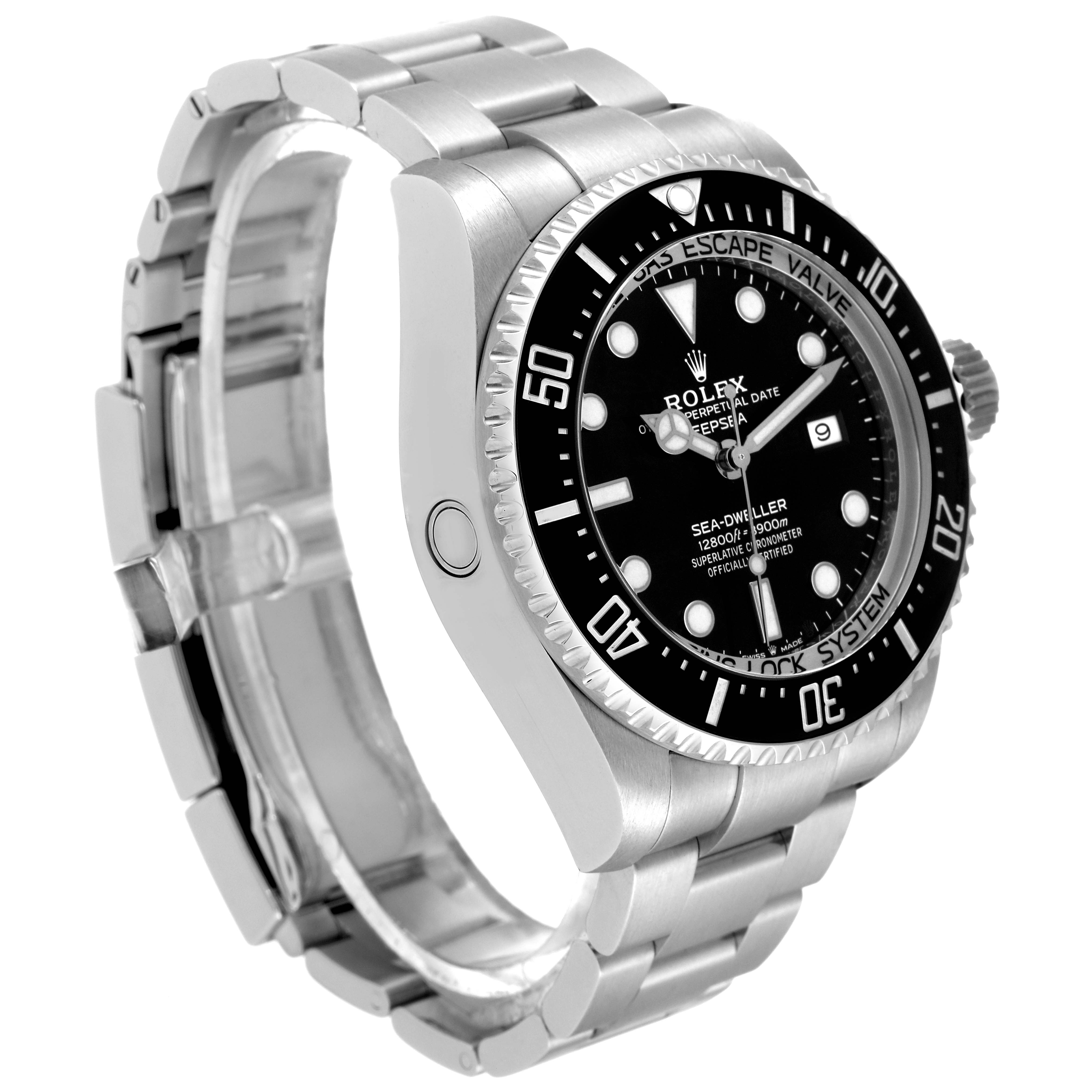 The Rolex Sea-Dweller 126660 Men
s Stainless Steel Black Dial 126660 Men
s Stainless Steel Black Dial watch is shown at a slight angle, displaying its black dial, bezel, crown, and stainless steel bracelet.