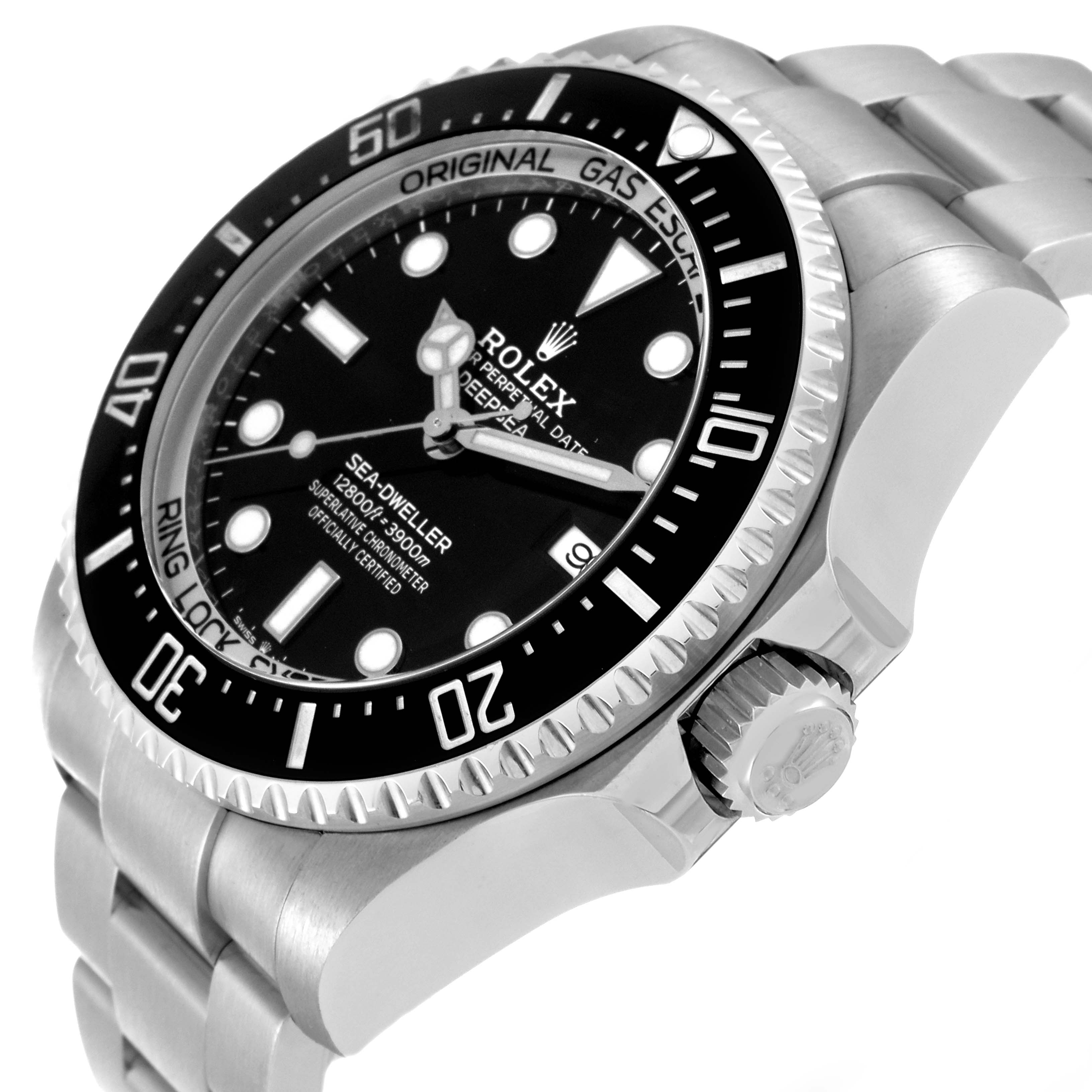 The image shows a side angle view of a Rolex Sea-Dweller 126660 Men
s Stainless Steel Black Dial 126660 Men
s Stainless Steel Black Dial watch, highlighting the dial, bezel, crown, and part of the bracelet.