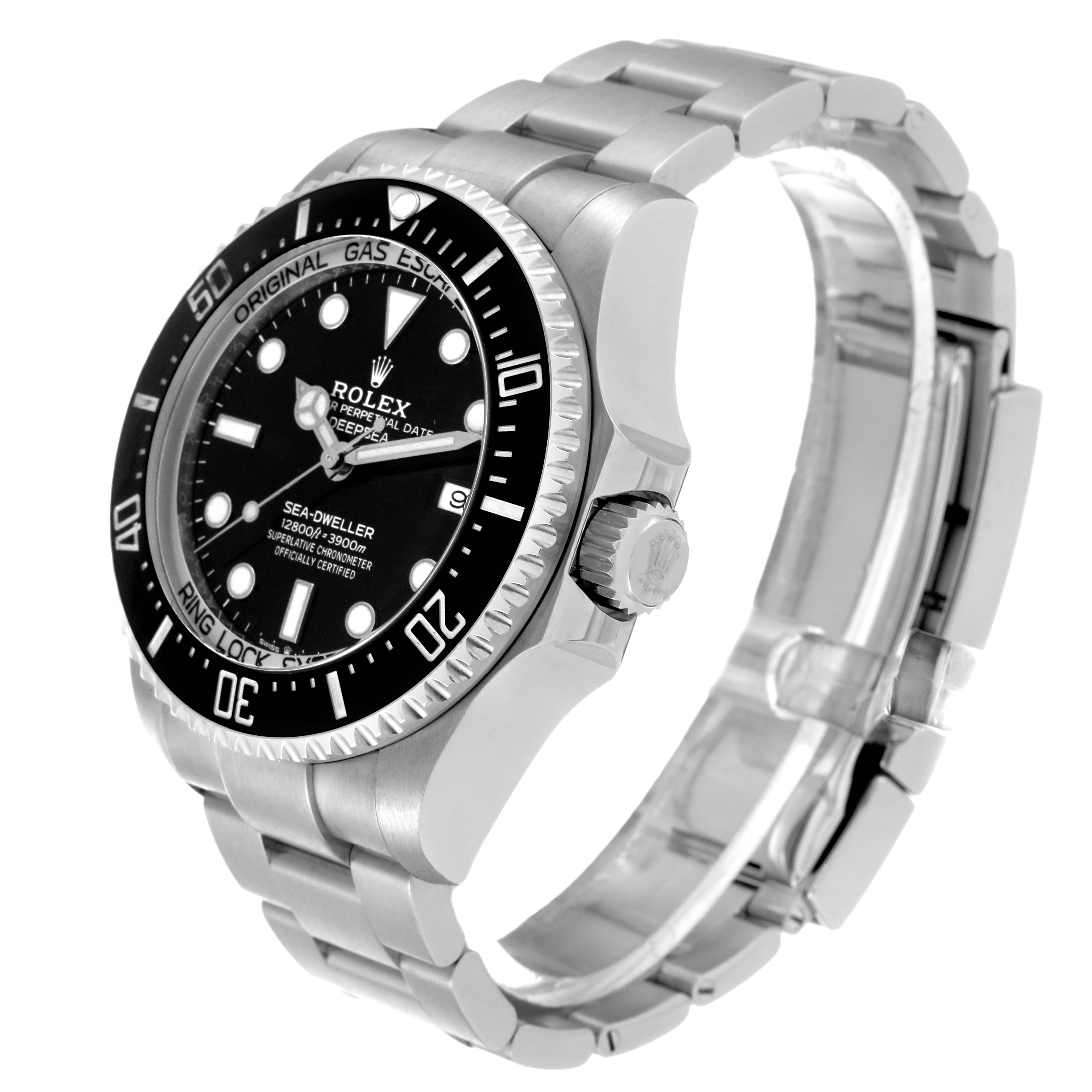 The image shows a side and front angle of the Rolex Sea-Dweller 126660 Men
s Stainless Steel Black Dial 126660 Men
s Stainless Steel Black Dial watch, focusing on the bezel, dial, crown, and bracelet.