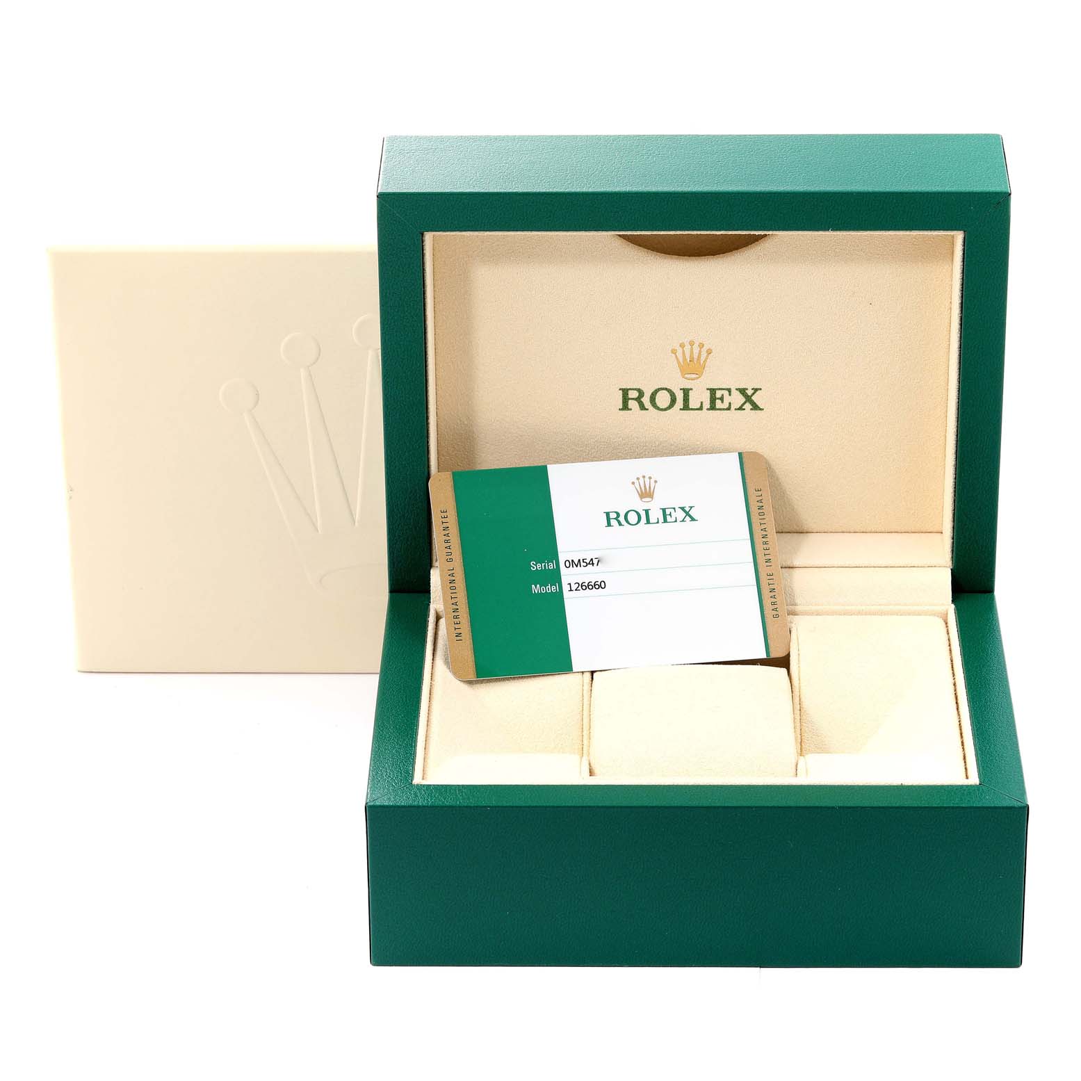 The image shows an open watch box for a Rolex Sea-Dweller 126660 Men
s Stainless Steel Black Dial 126660 Men
s Stainless Steel Black Dial, displaying its serial and model number card.