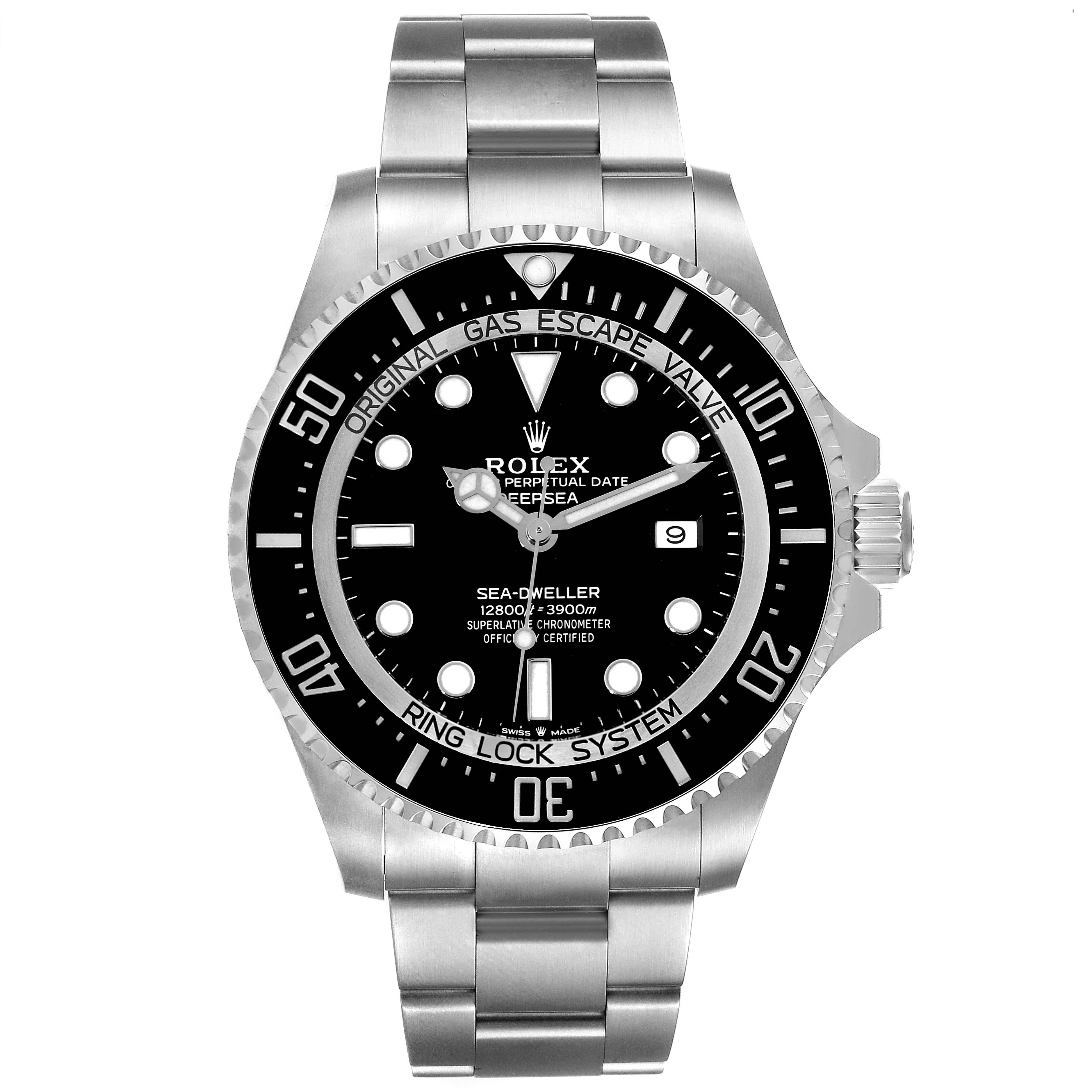 The image shows a front view of a Rolex Sea-Dweller 126660 Men
s Stainless Steel Black Dial 126660 Men
s Stainless Steel Black Dial watch, displaying its black dial, bezel, and stainless steel bracelet.