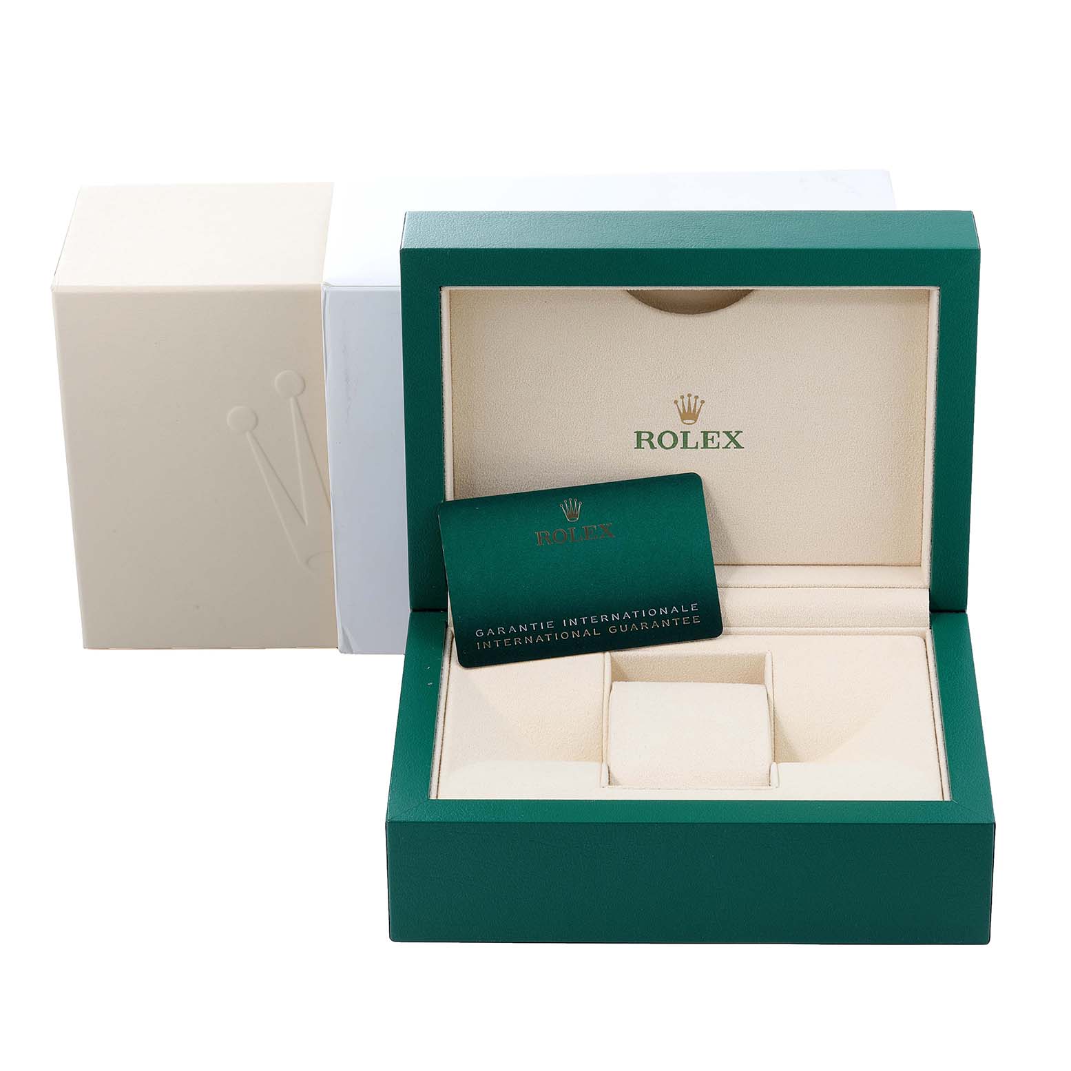 The image shows the packaging and warranty card for the Rolex Sky-Dweller 326933 Men's Yellow Gold Champagne Dial 326933 Men's Yellow Gold Champagne Dial, including the inner box, outer box, and international guarantee card.