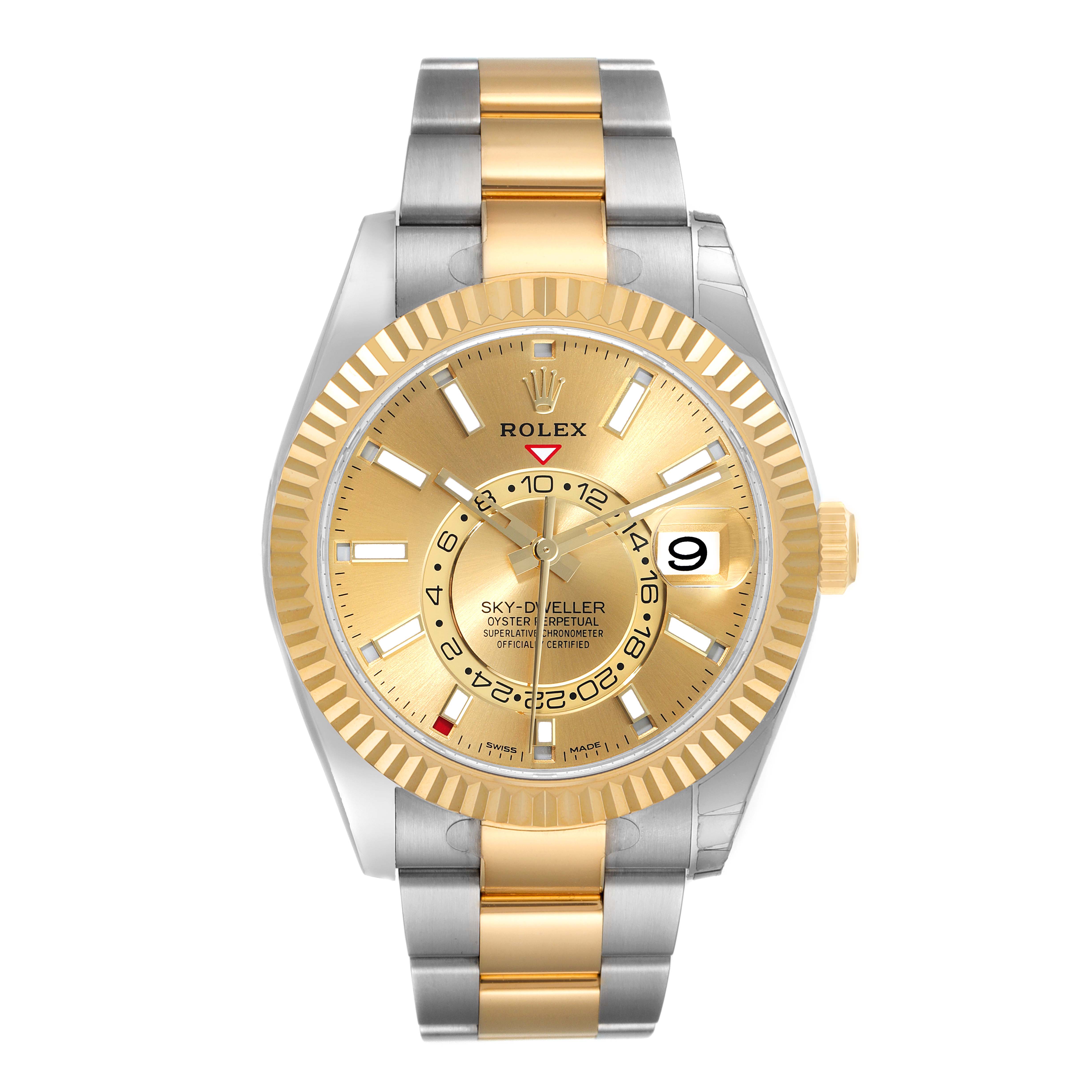 The image shows a front view of a Rolex Sky-Dweller 326933 Men's Yellow Gold Champagne Dial 326933 Men's Yellow Gold Champagne Dial watch with a two-tone gold and silver bracelet.