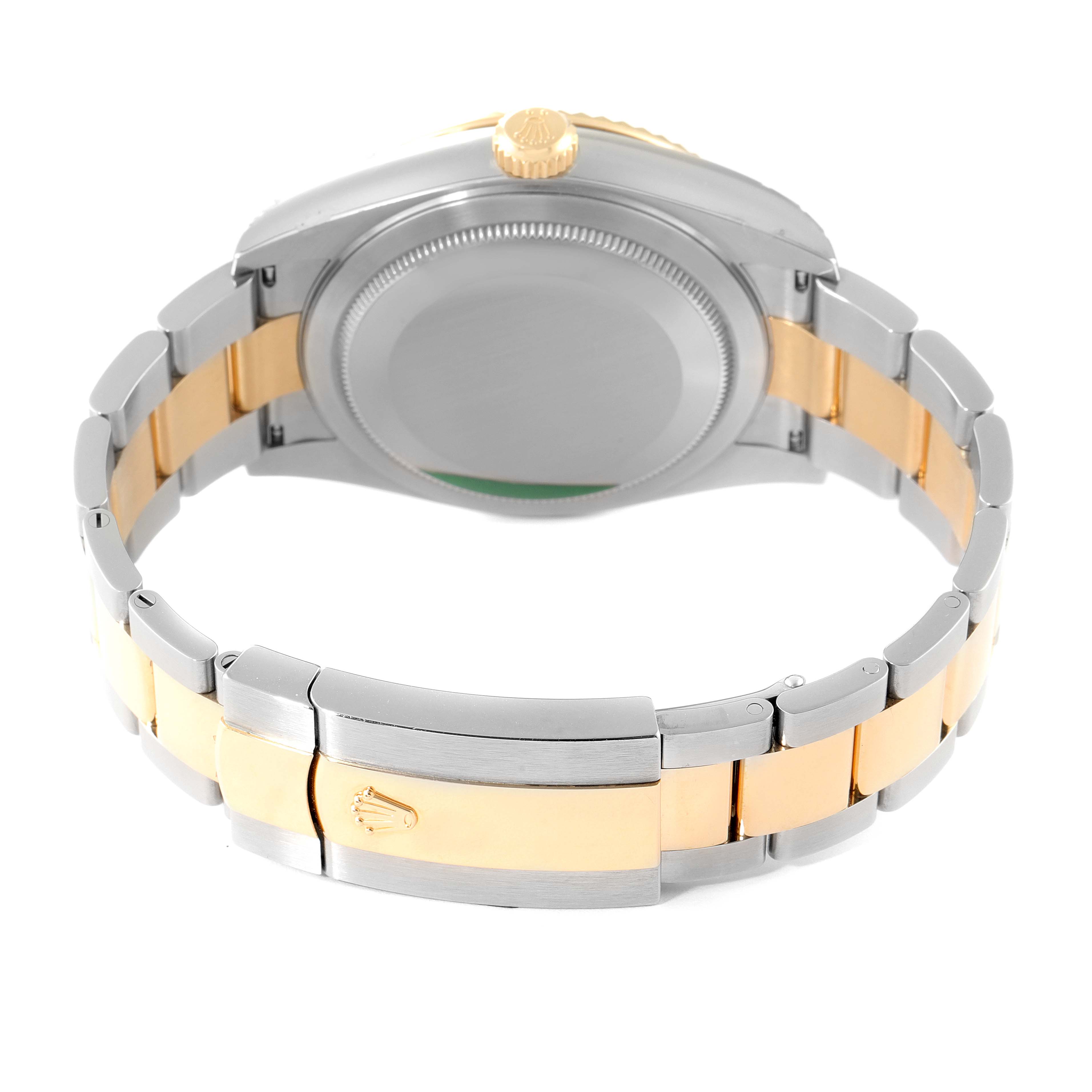 The image shows the back of the Rolex Sky-Dweller 326933 Men's Yellow Gold Champagne Dial 326933 Men's Yellow Gold Champagne Dial watch, focusing on the case back, crown, and two-tone bracelet.