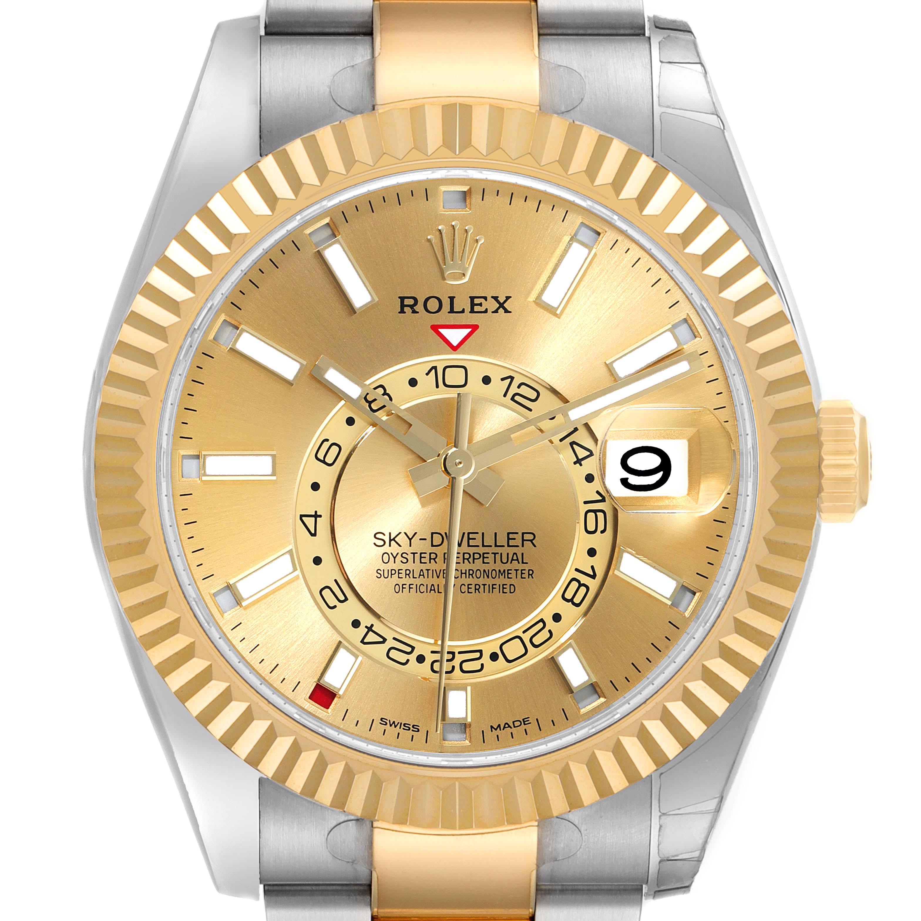 The image shows a front view of the Rolex Sky-Dweller 326933 Men's Yellow Gold Champagne Dial 326933 Men's Yellow Gold Champagne Dial watch, highlighting its gold dial, fluted bezel, and stainless steel and gold bracelet.