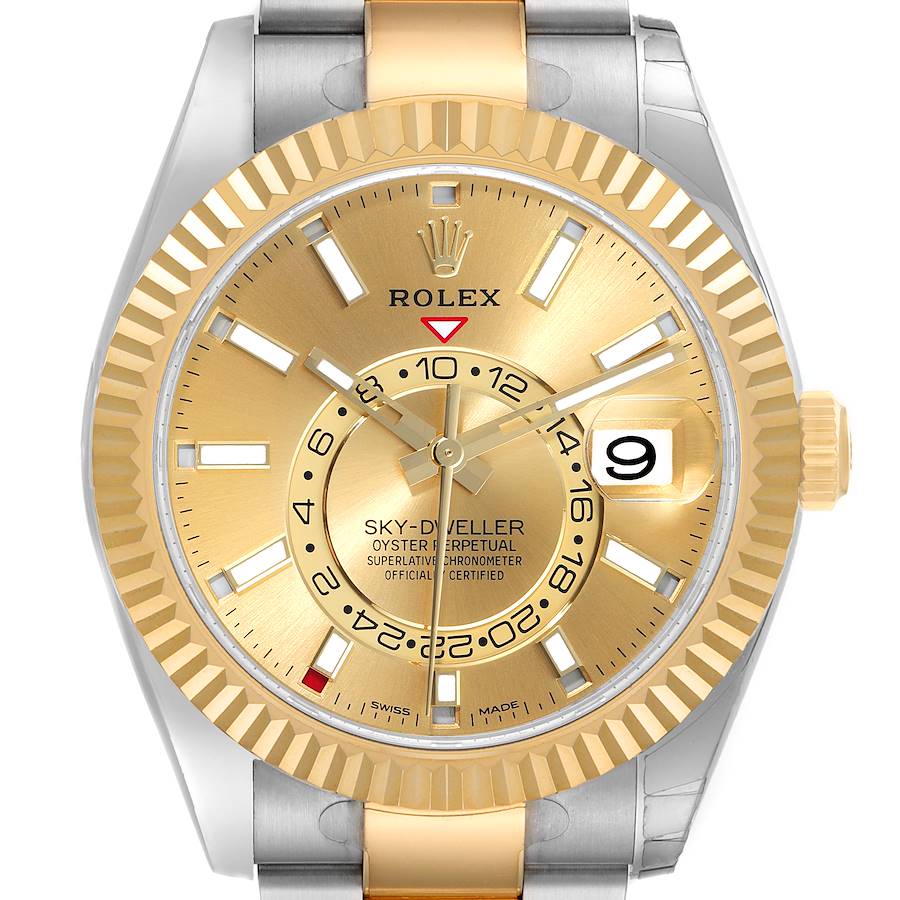 Rolex Sky Dweller Yellow Gold Steel Champagne Dial Mens Watch 326933 Unworn SwissWatchExpo