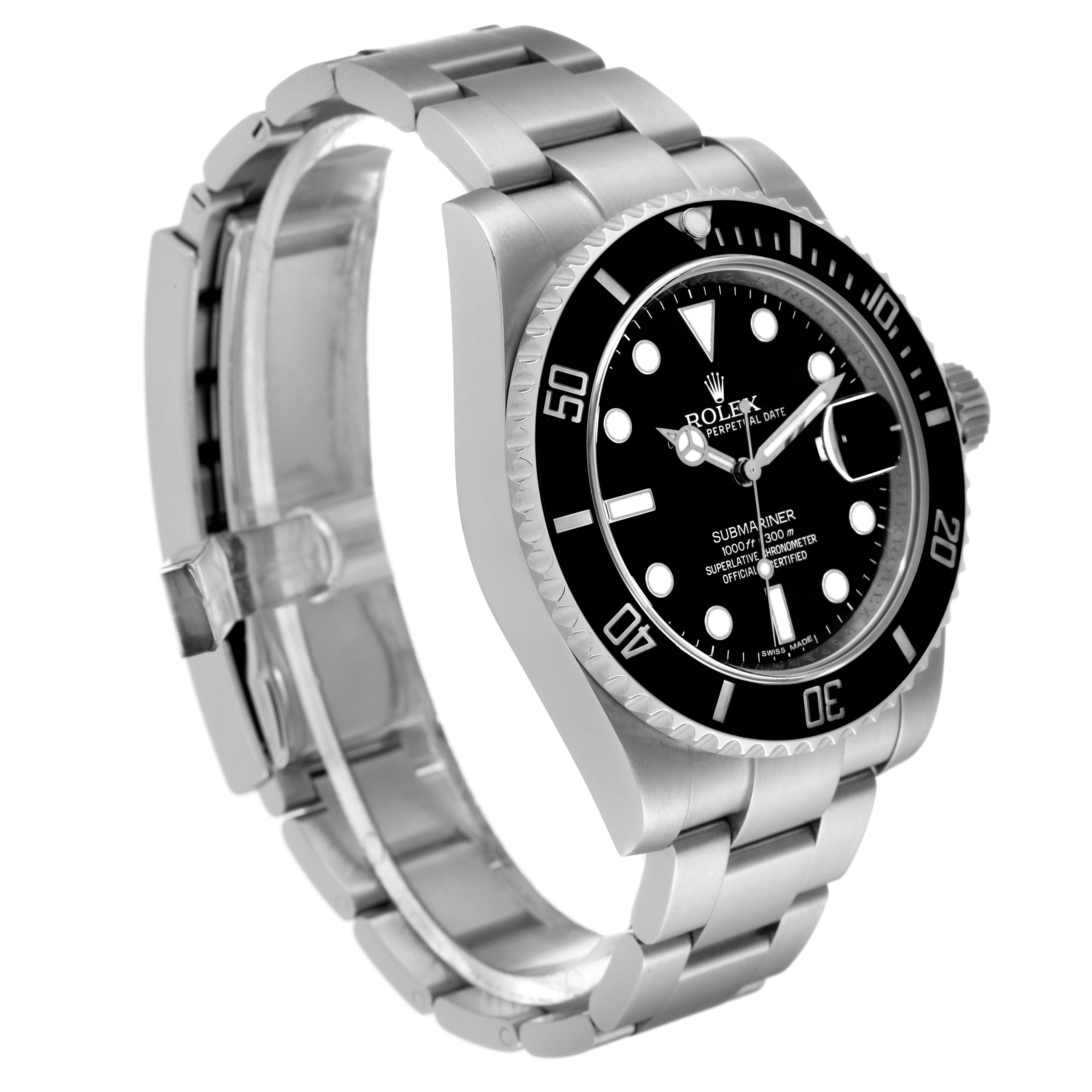 The Rolex Submariner 116610 Men's Stainless Steel Black Dial 116610 Men's Stainless Steel Black Dial watch is shown at an angle displaying the watch face, bezel, crown, and metal bracelet.