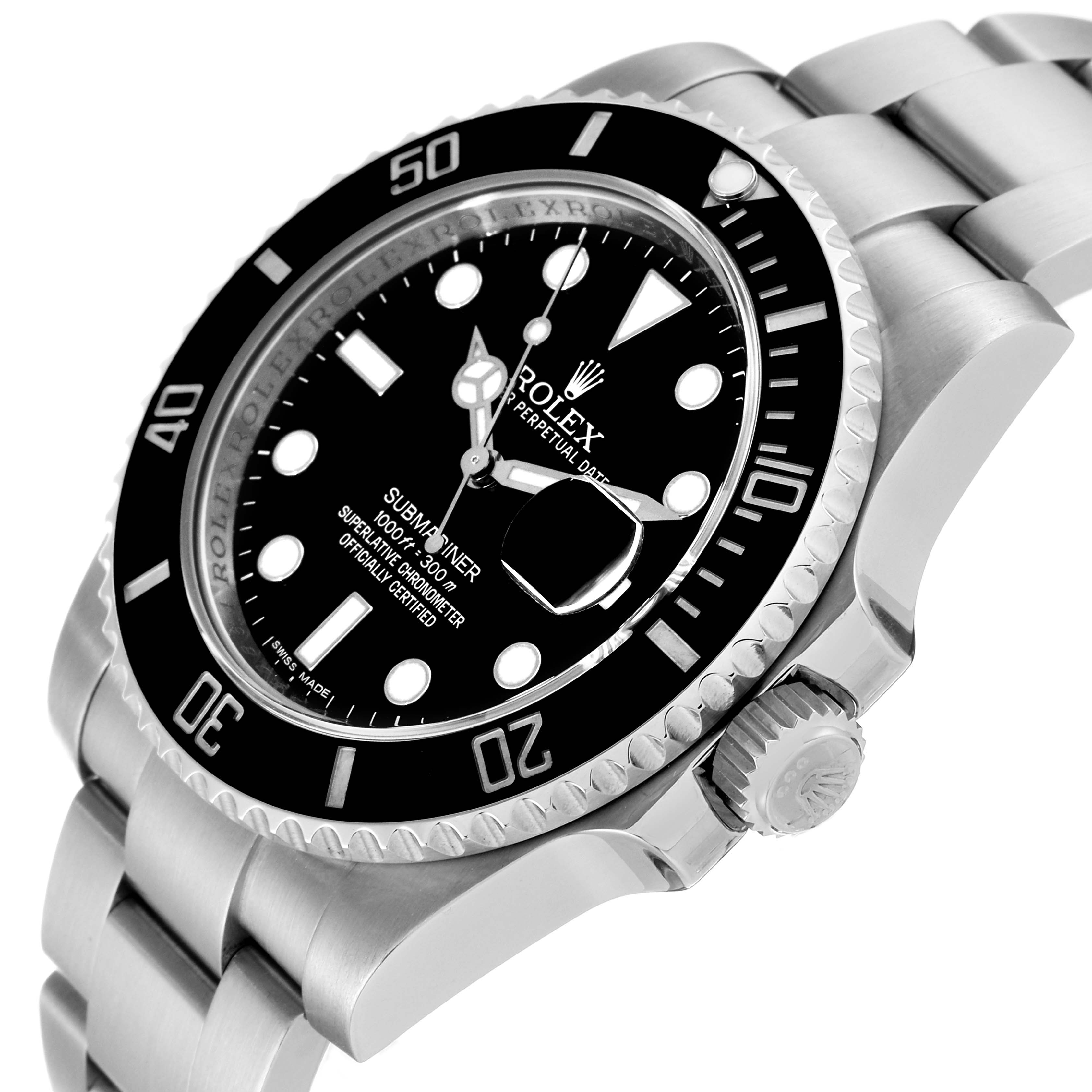 The image shows a side angle of the Rolex Submariner 116610 Men's Stainless Steel Black Dial 116610 Men's Stainless Steel Black Dial watch, highlighting its bezel, dial, crown, and bracelet.