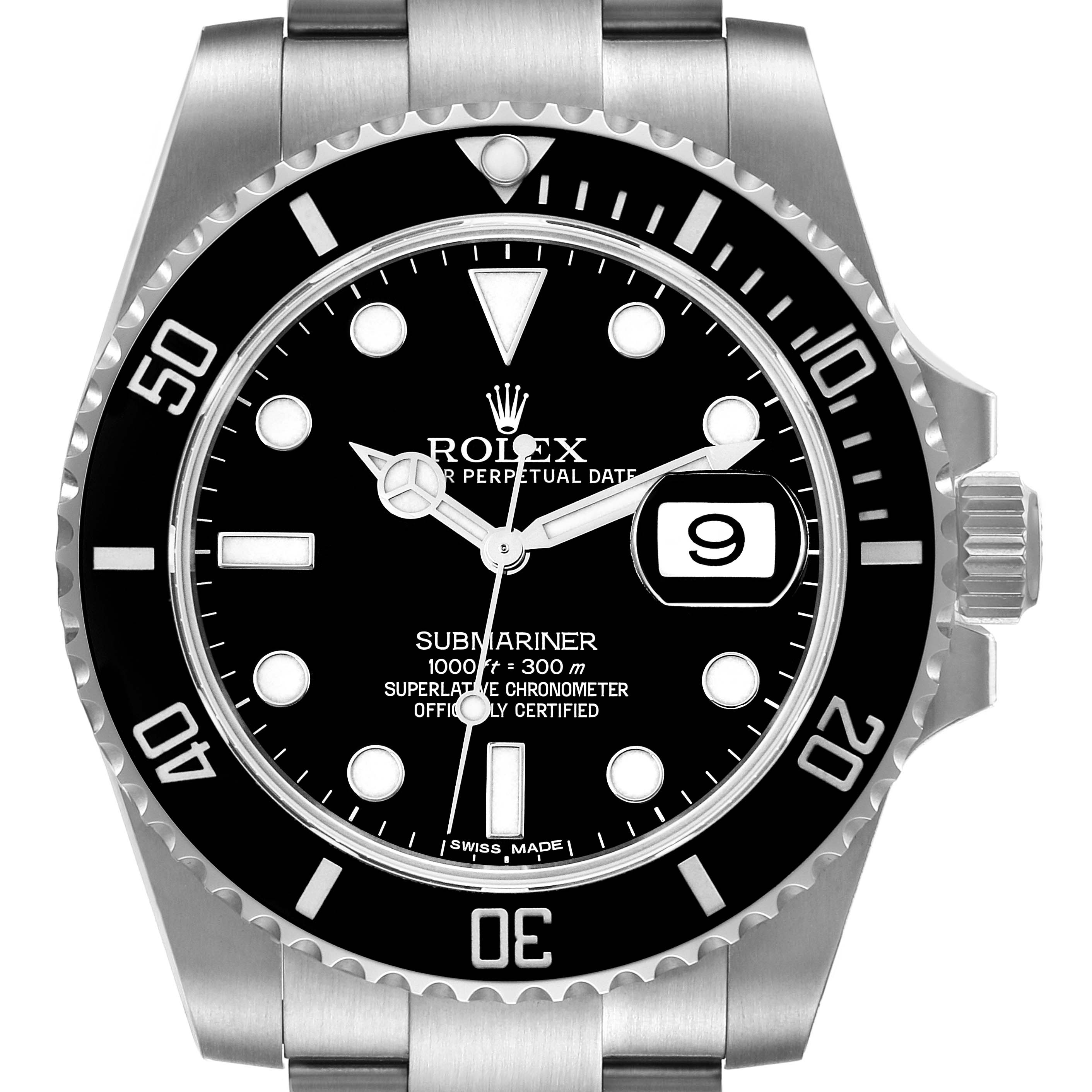 The image shows a frontal view of a Rolex Submariner 116610 Men's Stainless Steel Black Dial 116610 Men's Stainless Steel Black Dial watch, displaying its dial, bezel, and portion of the bracelet.