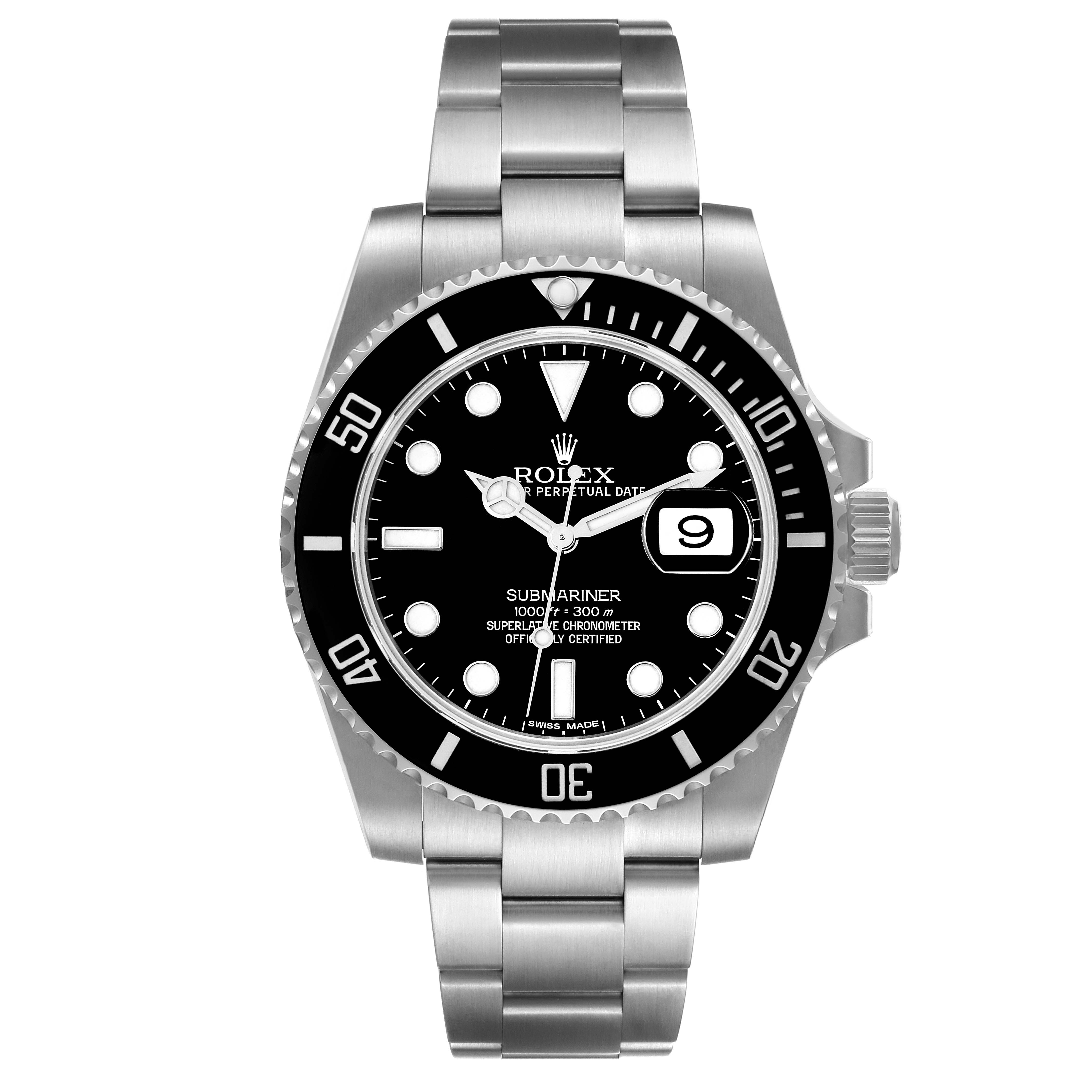 The image shows a front view of a Rolex Submariner 116610 Men's Stainless Steel Black Dial 116610 Men's Stainless Steel Black Dial, displaying its dial, bezel, bracelet, and crown.