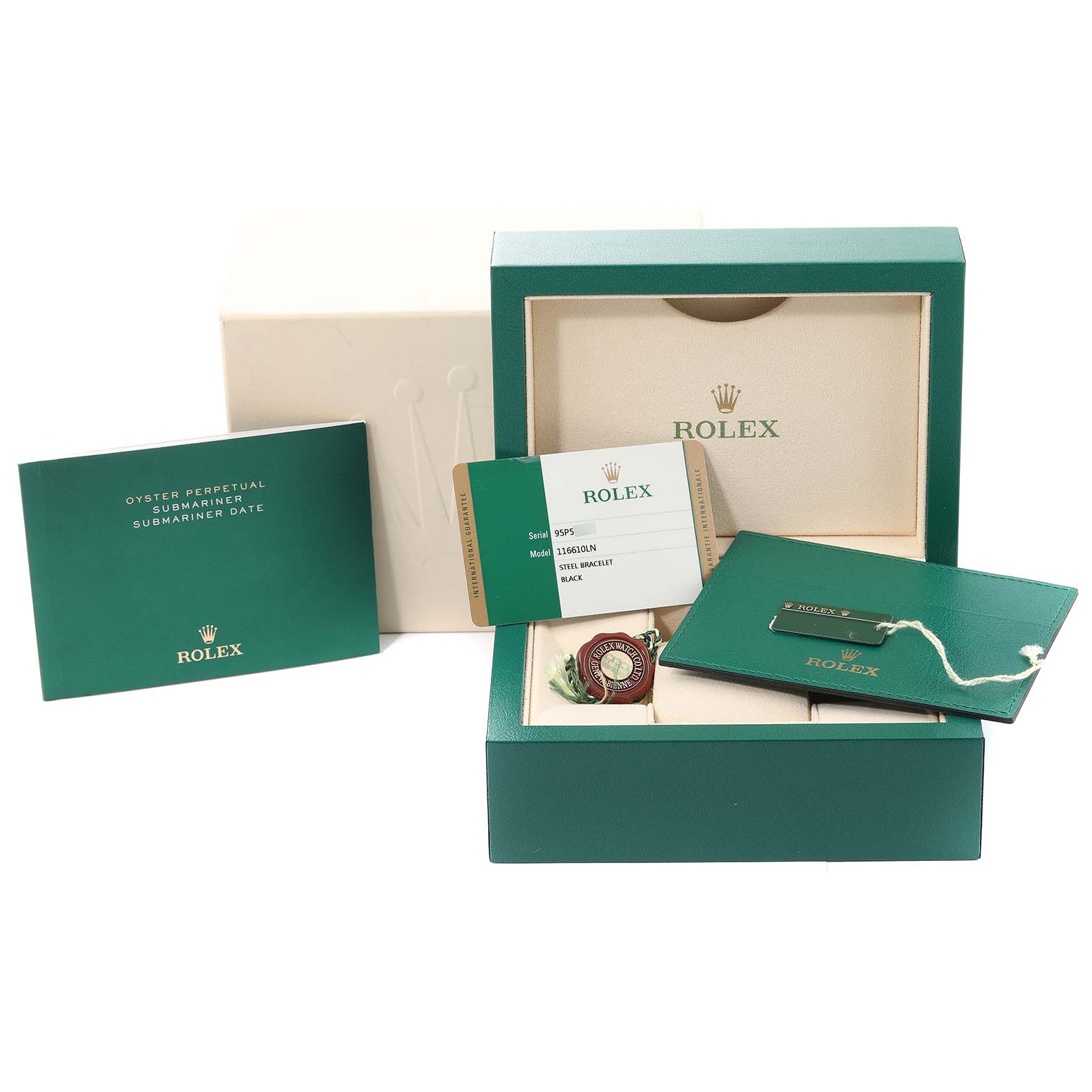 The image shows the packaging and accessories for a Rolex Submariner 116610 Men's Stainless Steel Black Dial 116610 Men's Stainless Steel Black Dial, including the box, papers, and tags, viewed from a front angle.