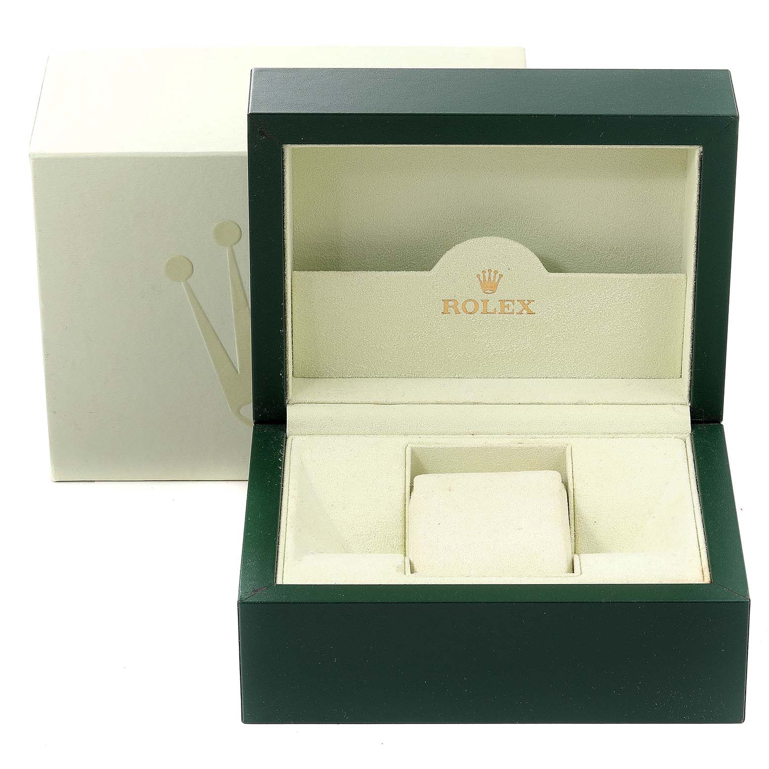 The image shows an open Rolex Submariner 16610 Men
s Stainless Steel Black Dial 16610 Men
s Stainless Steel Black Dial watch box with its inner display and outer packaging visible.