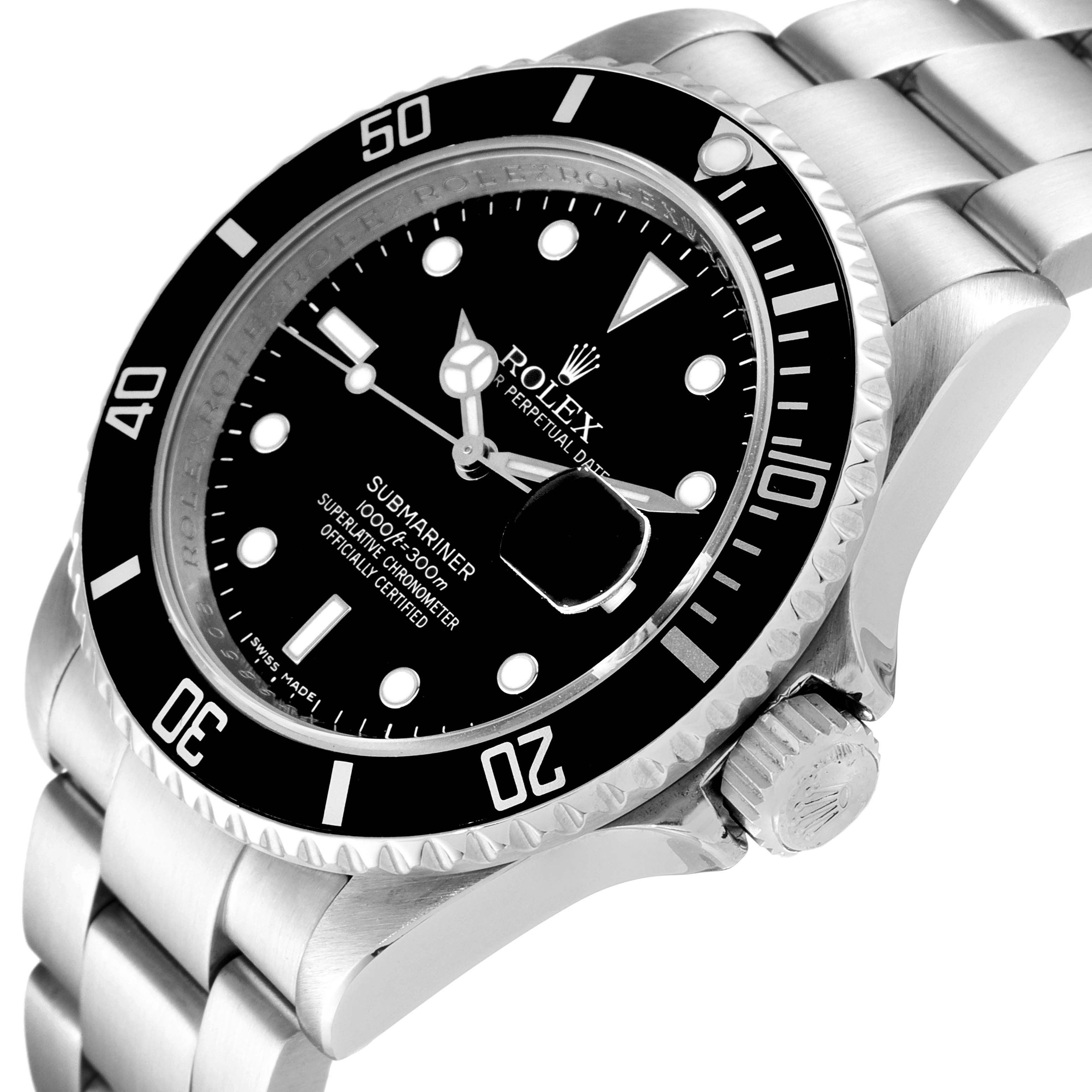 The image showcases a Rolex Submariner 16610 Men
s Stainless Steel Black Dial 16610 Men
s Stainless Steel Black Dial watch with a close-up angle focusing on the dial, bezel, and part of the bracelet.