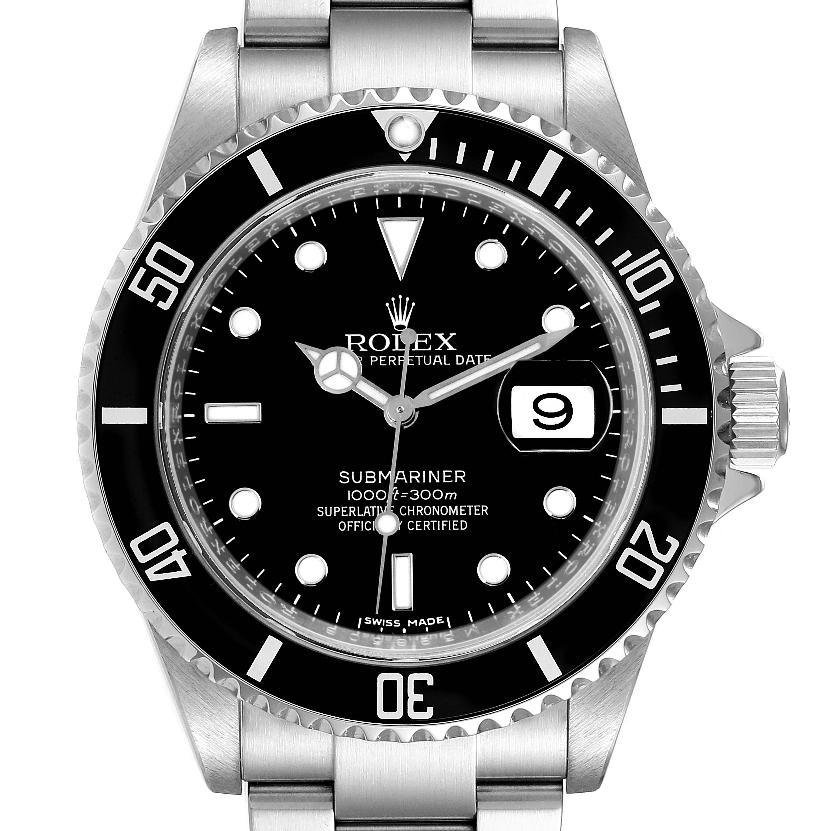 The image shows a front view of a Rolex Submariner 16610 Men
s Stainless Steel Black Dial 16610 Men
s Stainless Steel Black Dial, displaying the face, bezel, crown, and part of the bracelet.
