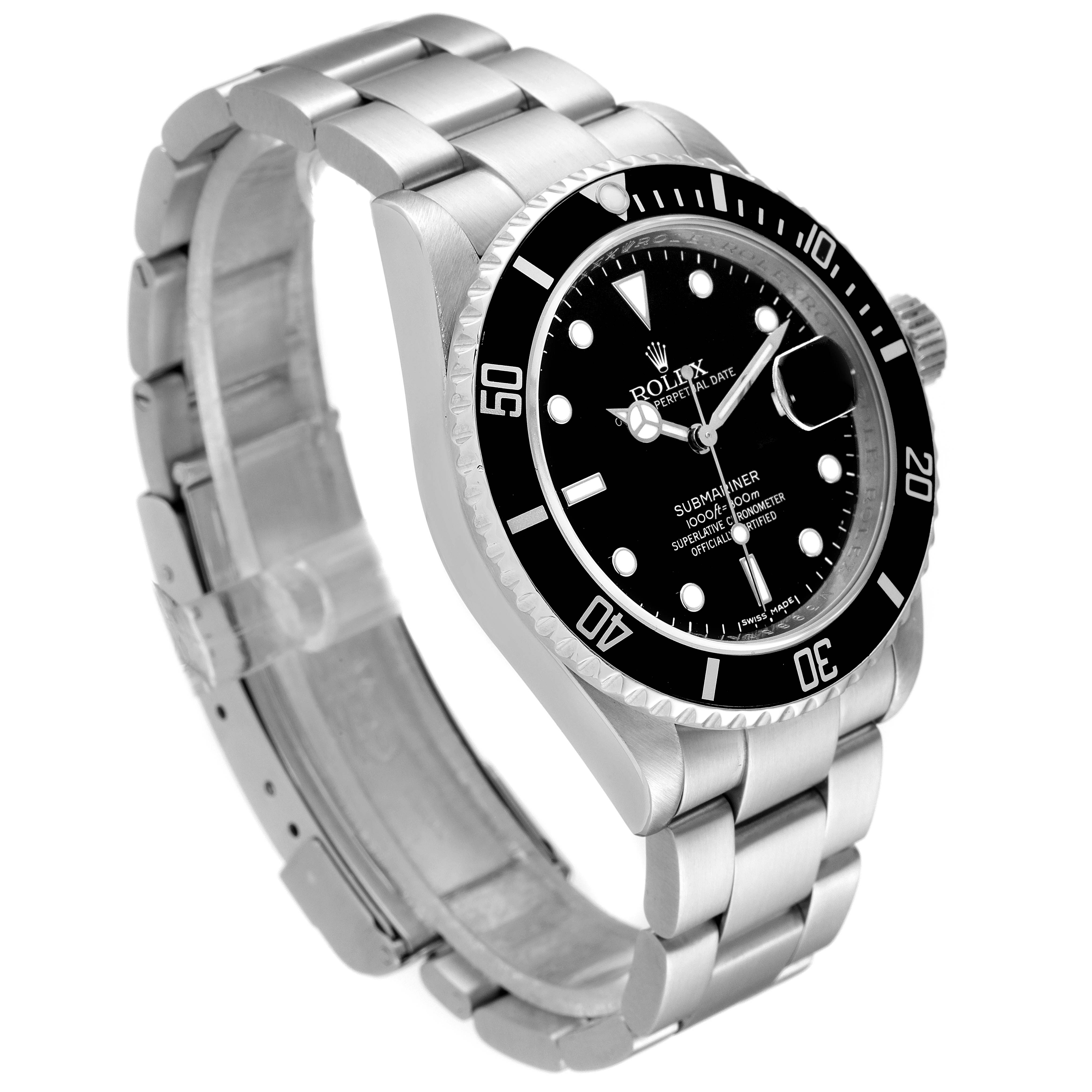 The Rolex Submariner 16610 Men
s Stainless Steel Black Dial 16610 Men
s Stainless Steel Black Dial watch is shown at a three-quarter angle, displaying its face, bezel, and bracelet.