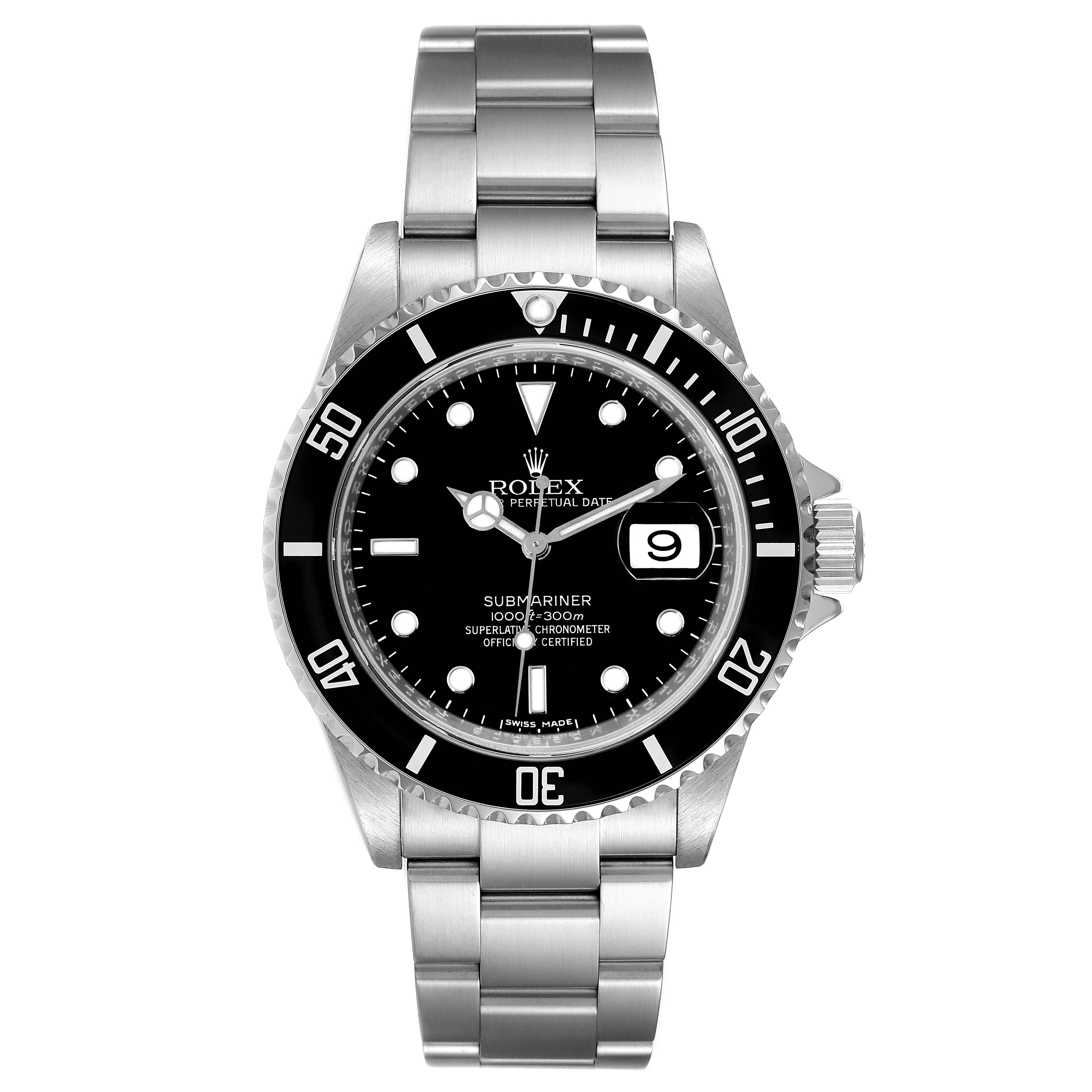 The image shows a front view of a Rolex Submariner 16610 Men
s Stainless Steel Black Dial 16610 Men
s Stainless Steel Black Dial watch, highlighting its face, bezel, and bracelet.