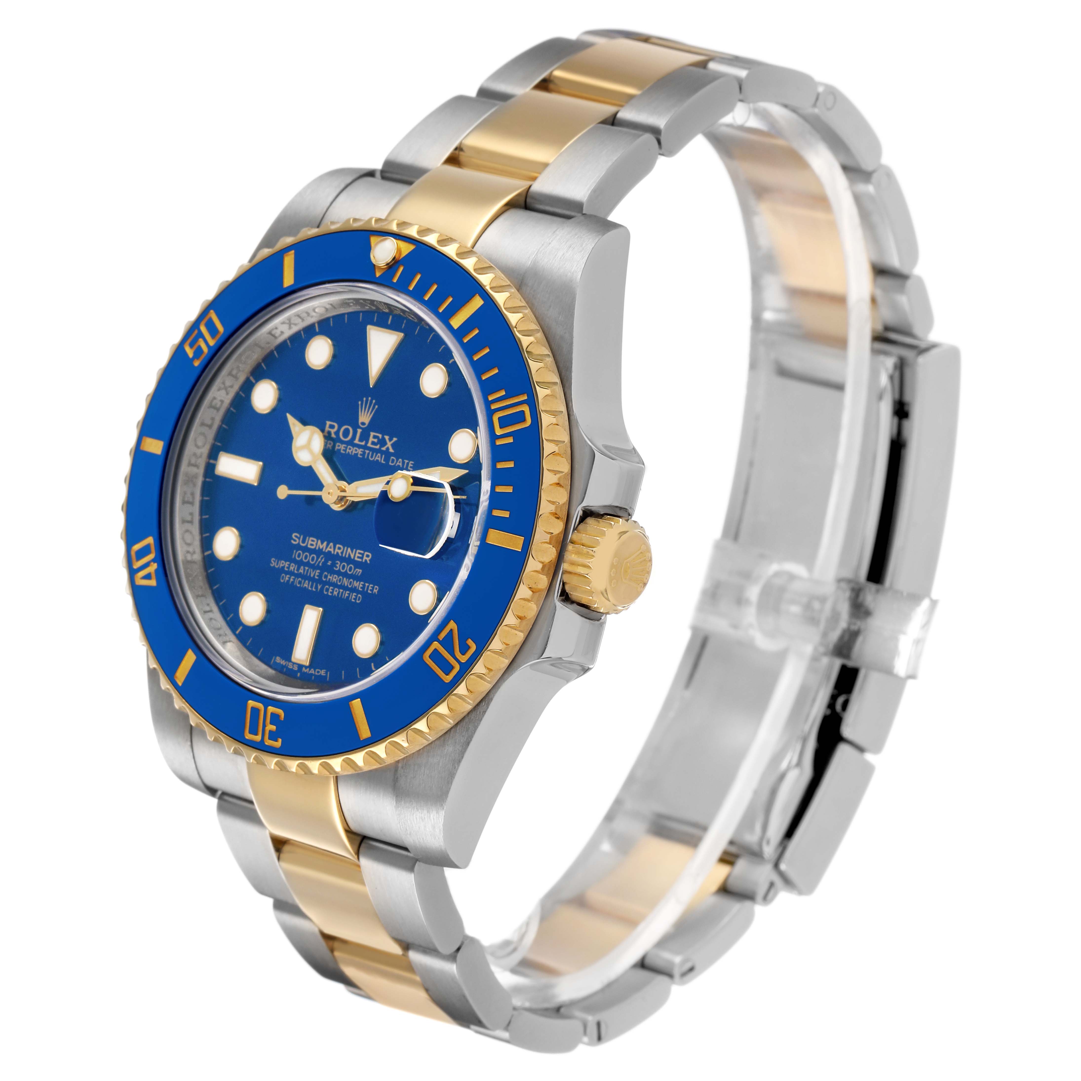The Rolex Submariner 116613 Men's Steel and Gold (two tone) Blue Dial watch is shown at a three-quarter angle, highlighting its blue and gold bezel, dial, and two-tone bracelet.
