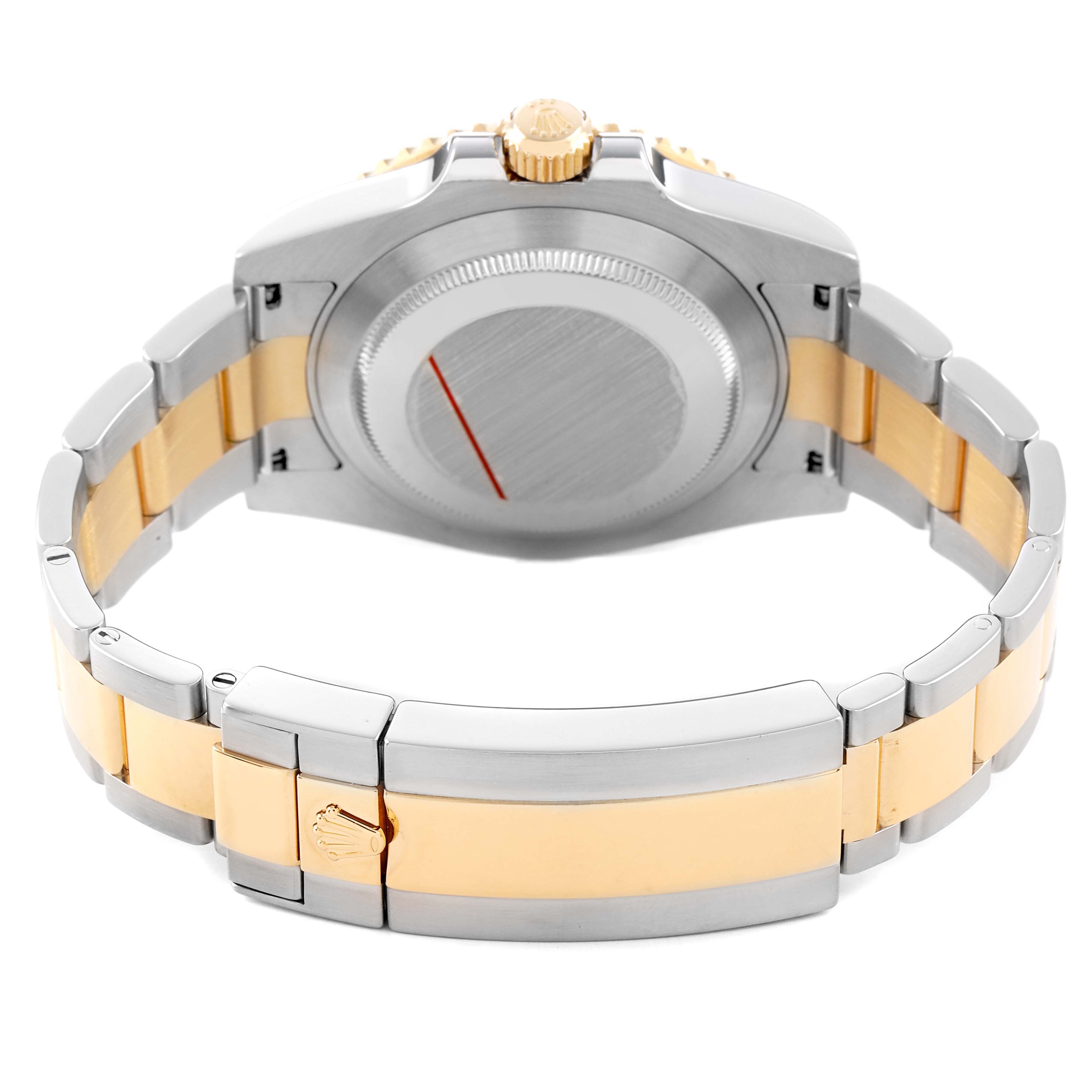 The Rolex Submariner 116613 Men's Steel and Gold (two tone) Blue Dial watch is shown from the back, highlighting its bracelet, clasp, and case back.