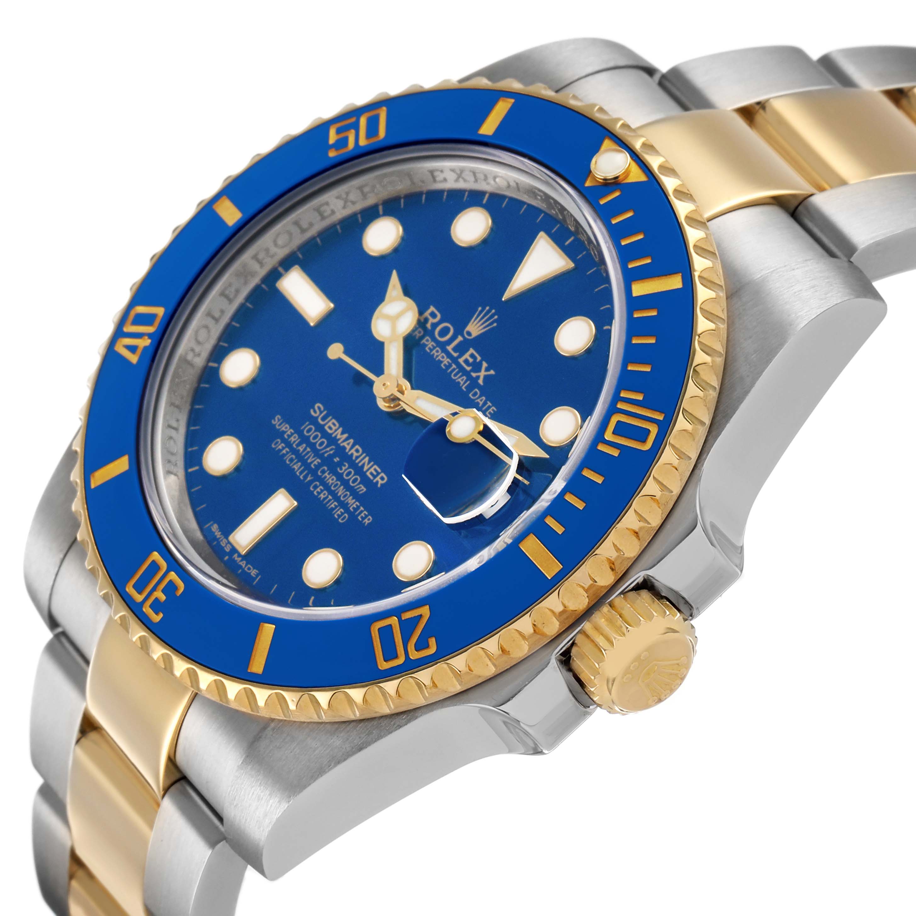 The Rolex Submariner 116613 Men's Steel and Gold (two tone) Blue Dial is shown at an angled side view, displaying the blue dial, bezel, and two-tone bracelet.
