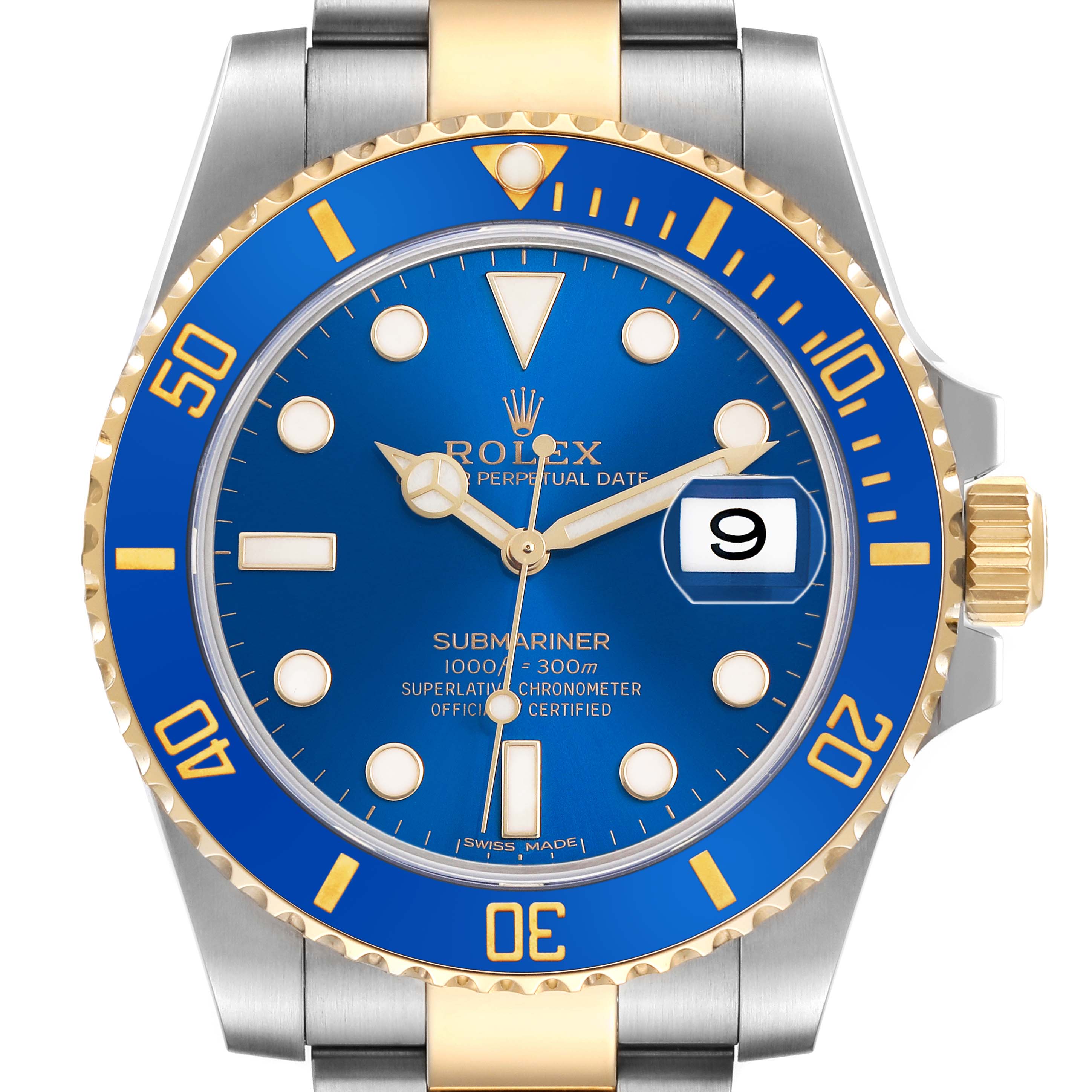 The Rolex Submariner 116613 Men's Steel and Gold (two tone) Blue Dial is shown from a front angle, highlighting the dial, bezel, and part of the bracelet.