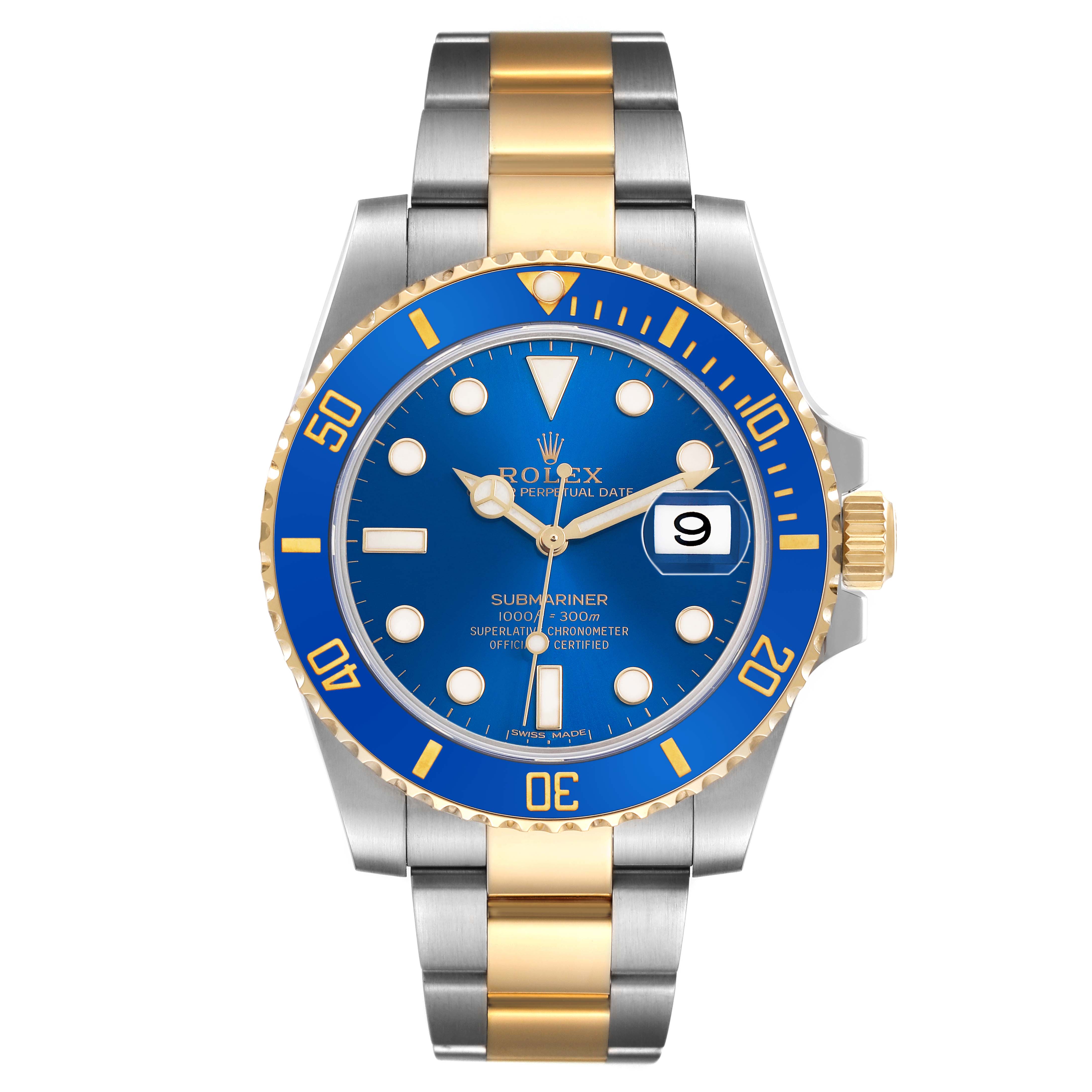 The Rolex Submariner 116613 Men's Steel and Gold (two tone) Blue Dial watch is shown from the front, displaying its blue dial, bezel, and two-tone bracelet.