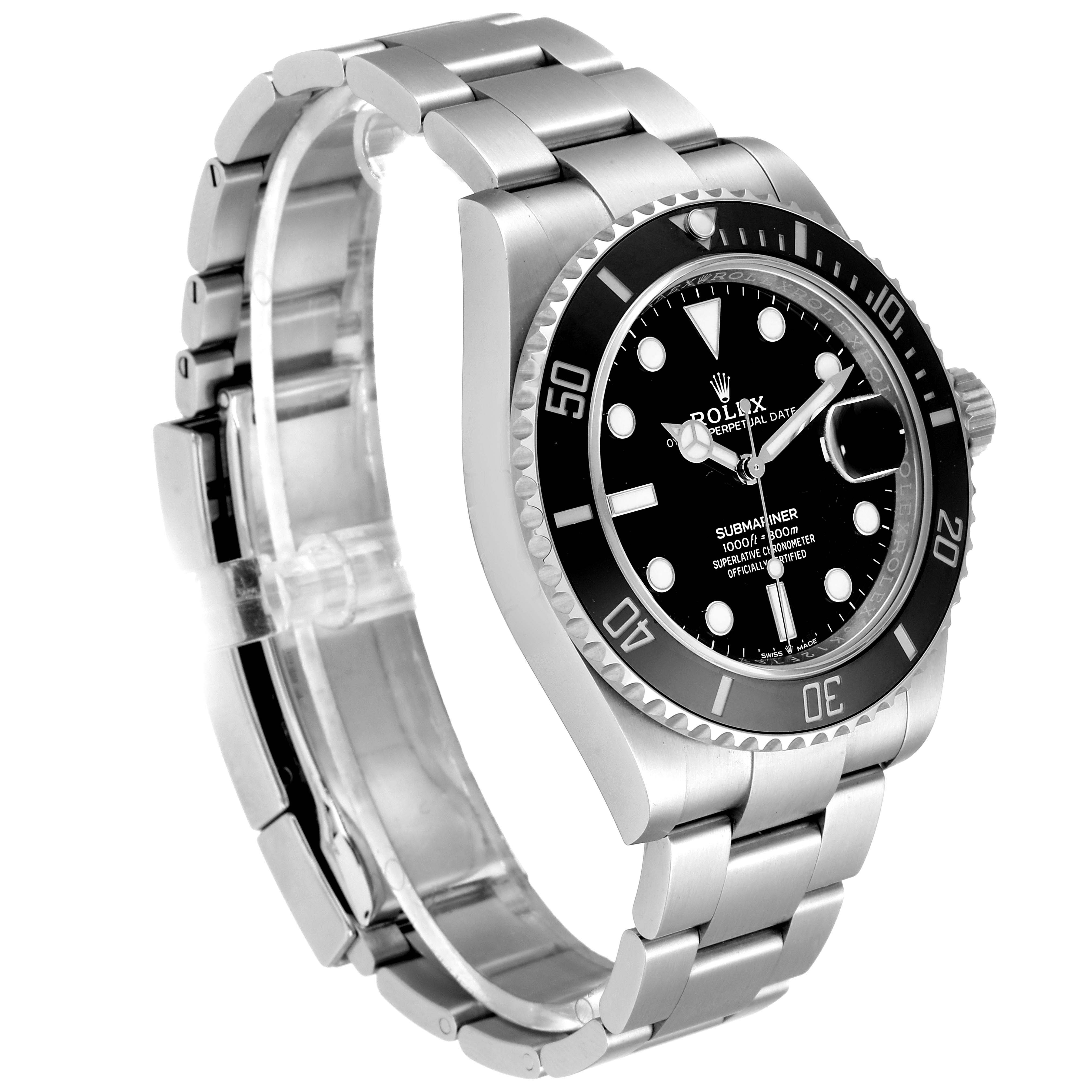 The image shows a side angle of a Rolex Submariner 126610LN Men's Stainless Steel Black Dial 126610LN Men's Stainless Steel Black Dial watch, displaying its face, bezel, and metal bracelet.