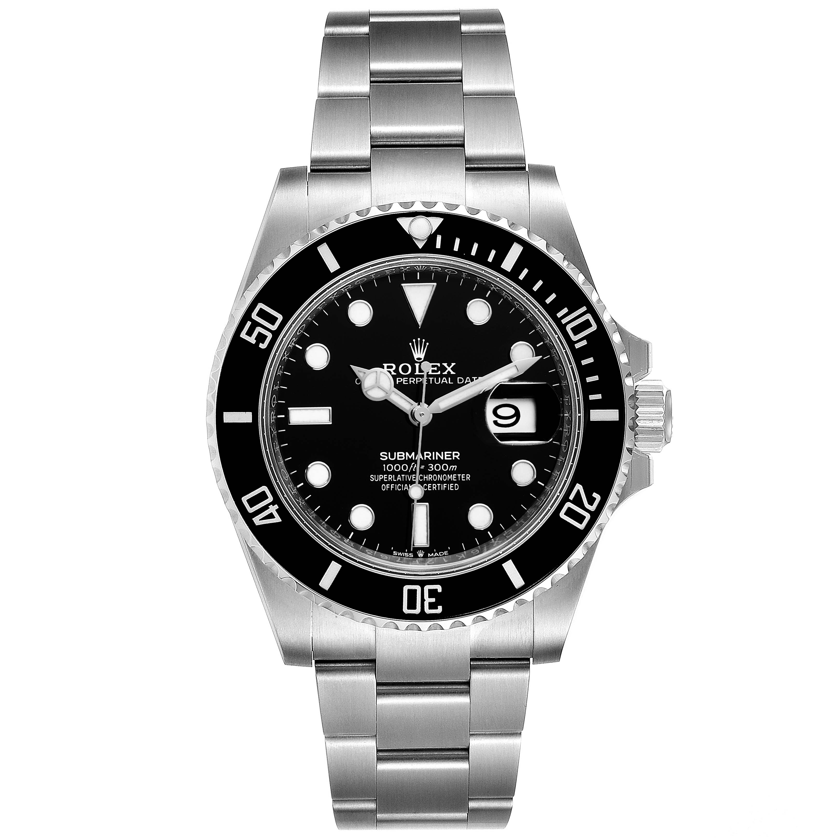 The image shows a front view of the Rolex Submariner 126610LN Men's Stainless Steel Black Dial 126610LN Men's Stainless Steel Black Dial watch, including the dial, bezel, and stainless steel bracelet.
