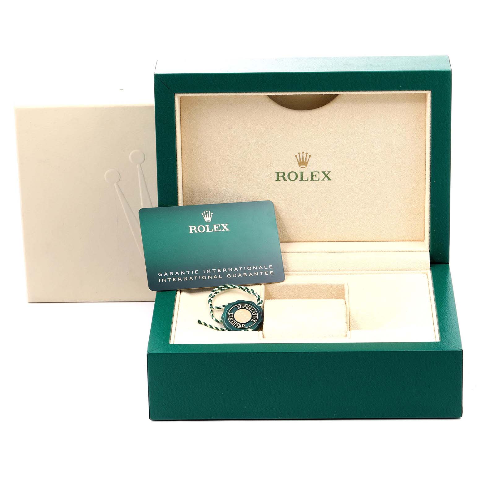 The image displays the box and international guarantee card for a Rolex Submariner 126610LN Men's Stainless Steel Black Dial 126610LN Men's Stainless Steel Black Dial watch, with its accessories inside.