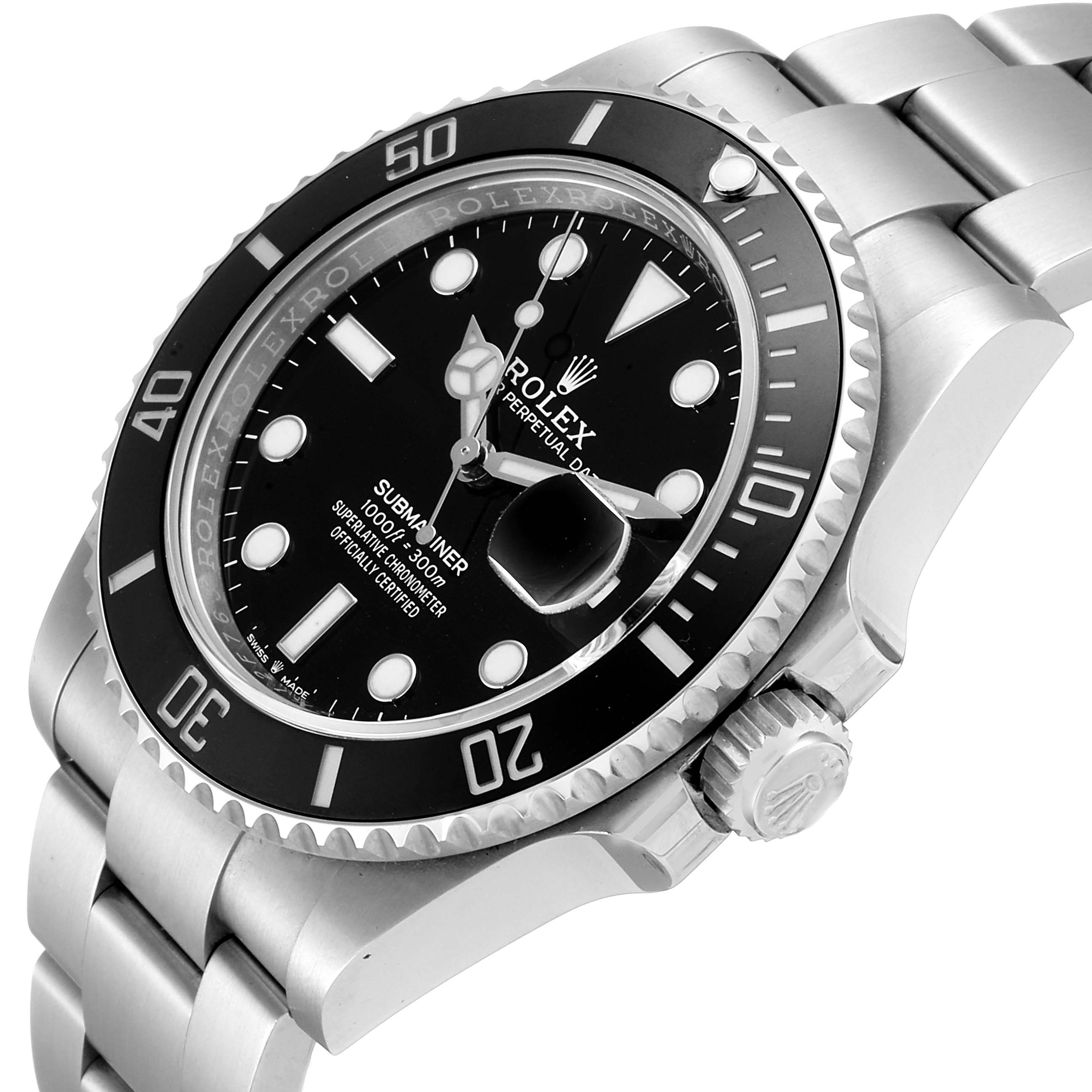 The image shows the Rolex Submariner 126610LN Men's Stainless Steel Black Dial 126610LN Men's Stainless Steel Black Dial watch at an angle highlighting the face, bezel, crown, and part of the bracelet.