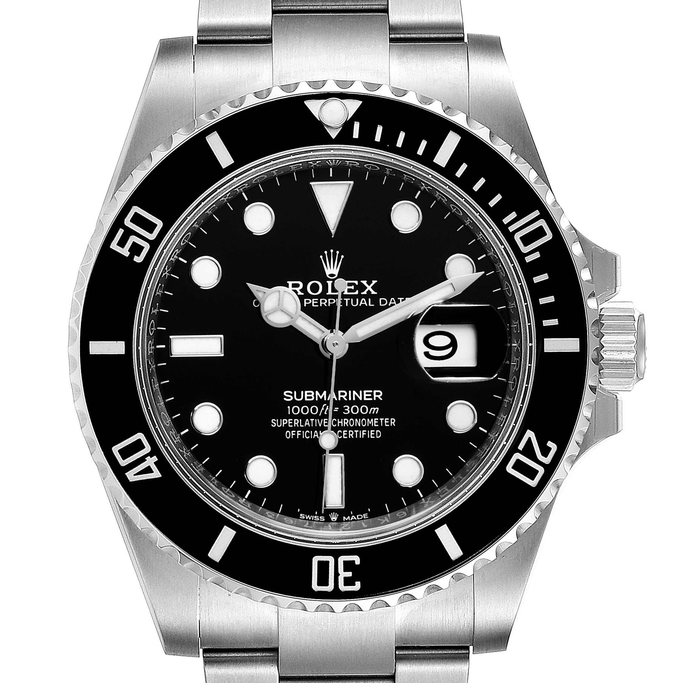 The image shows a frontal view of the Rolex Submariner 126610LN Men's Stainless Steel Black Dial 126610LN Men's Stainless Steel Black Dial watch, displaying its black dial, bezel, and stainless steel bracelet.
