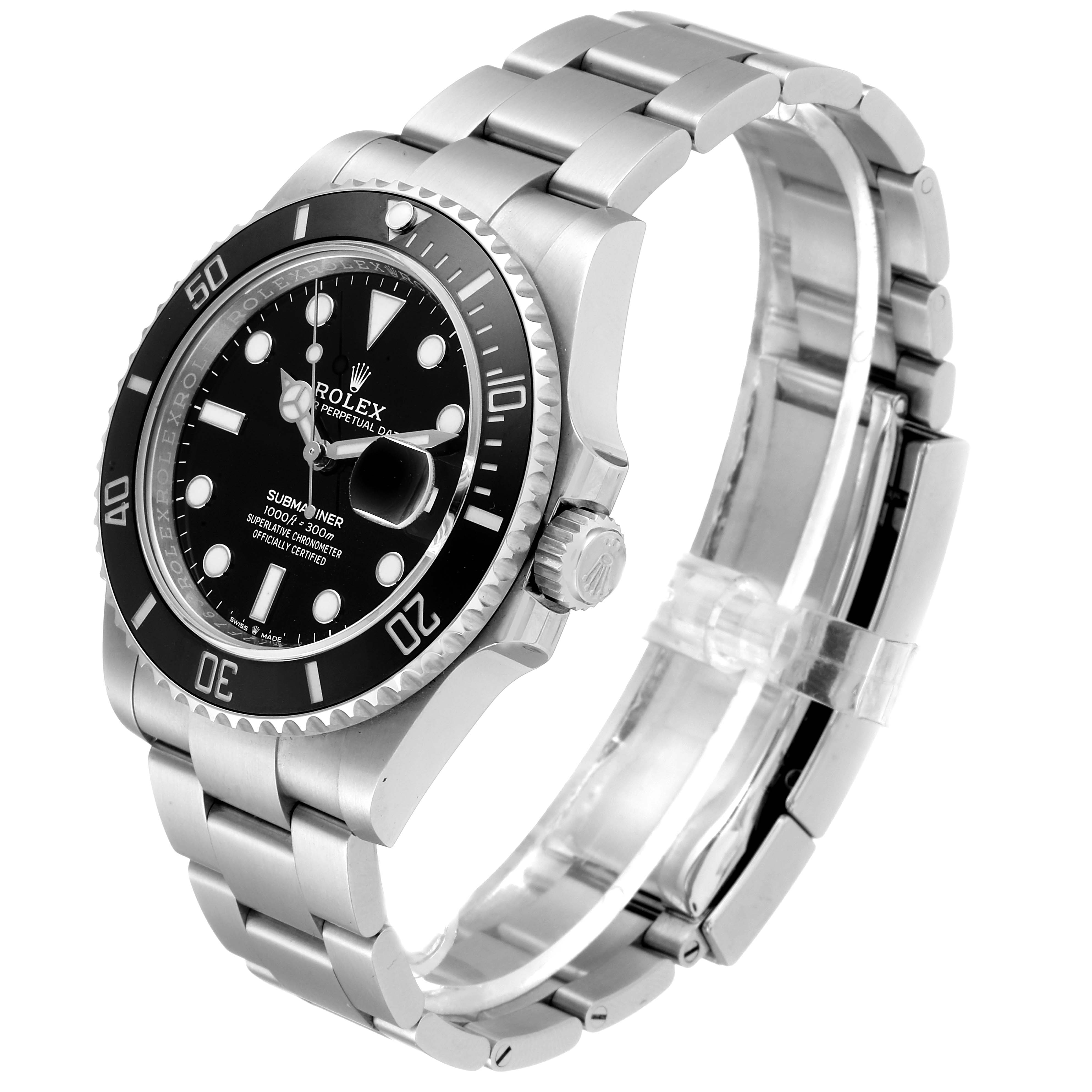 The image shows a Rolex Submariner 126610LN Men's Stainless Steel Black Dial 126610LN Men's Stainless Steel Black Dial watch at a three-quarter angle showcasing the face, bezel, crown, and partially extended bracelet.