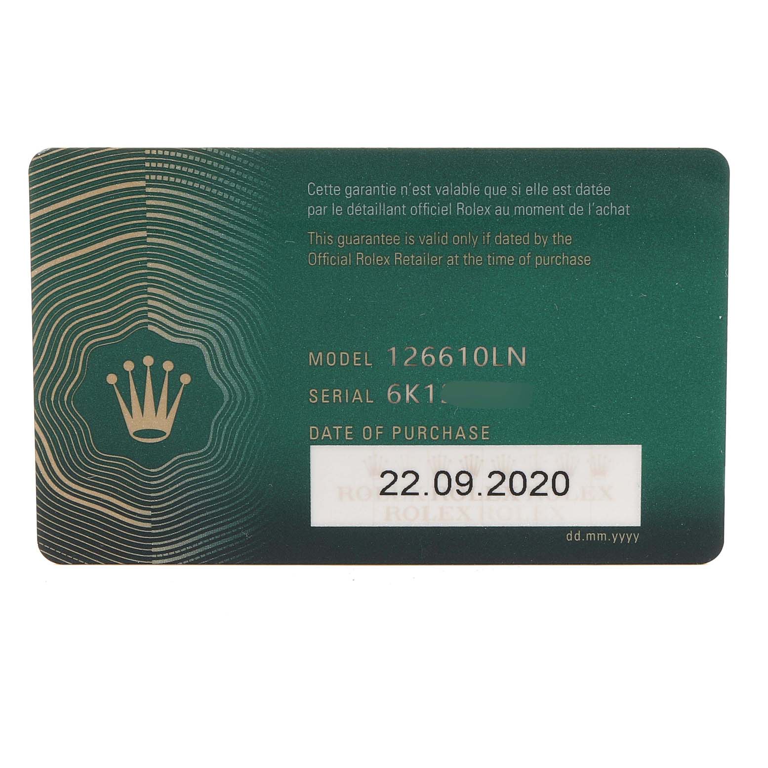 This image shows the guarantee card for a Rolex Submariner 126610LN Men's Stainless Steel Black Dial 126610LN Men's Stainless Steel Black Dial model 126610LN, including the serial number and date of purchase.