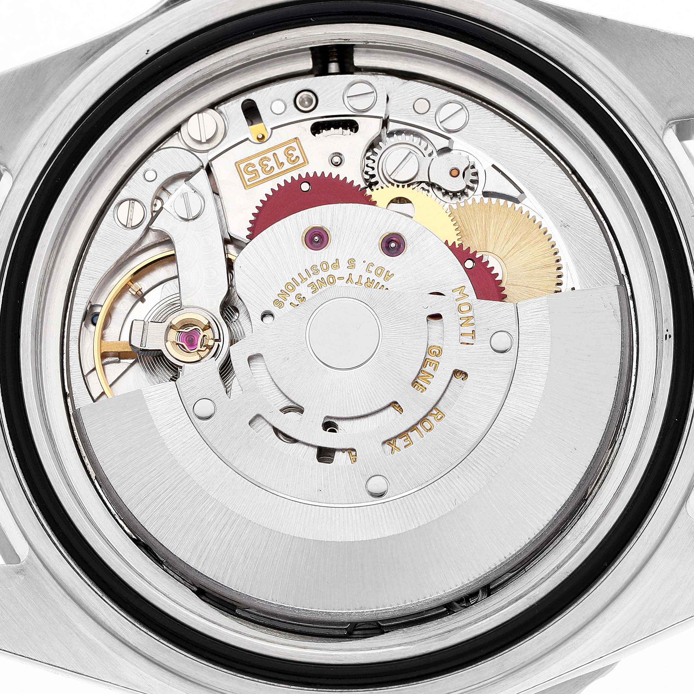 The image shows the Rolex Submariner 16610 Men's Stainless Steel Black Dial's movement from a back view, highlighting its intricate gears and components.