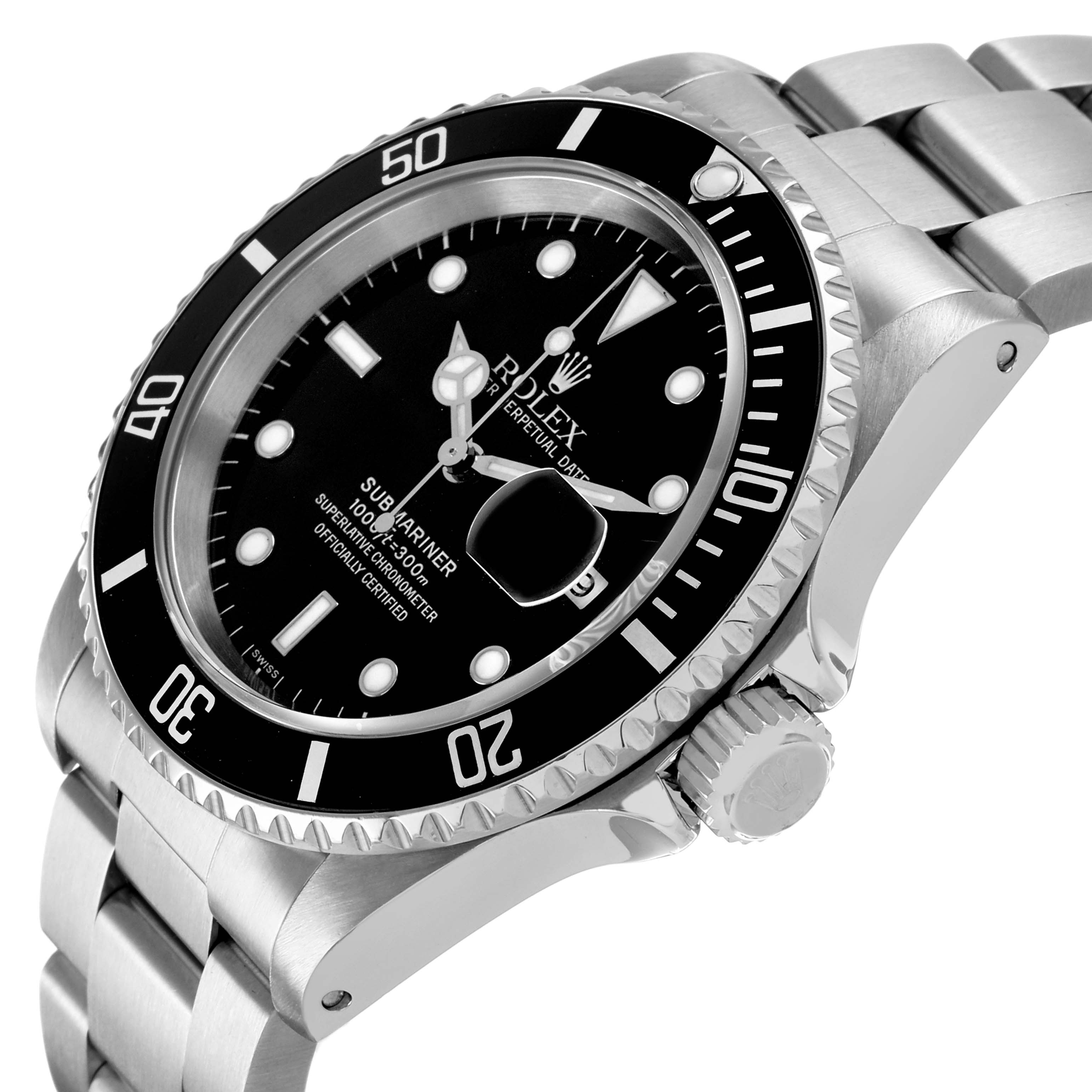 The Rolex Submariner 16610 Men's Stainless Steel Black Dial watch is shown at an angled view, highlighting its black dial, rotating bezel, and stainless steel bracelet.