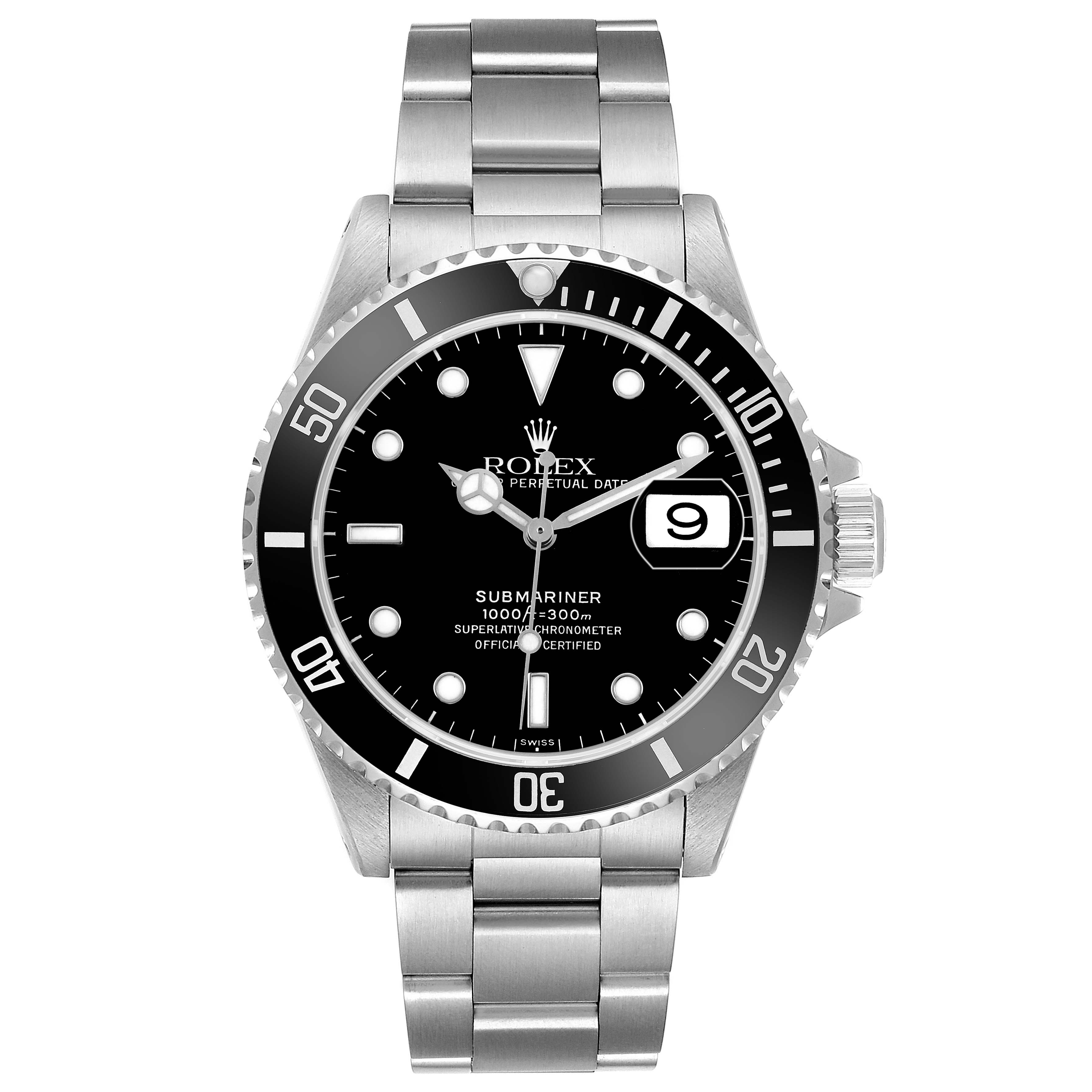 The Rolex Submariner 16610 Men's Stainless Steel Black Dial watch is shown from the front, displaying the dial, bezel, bracelet, and date window.