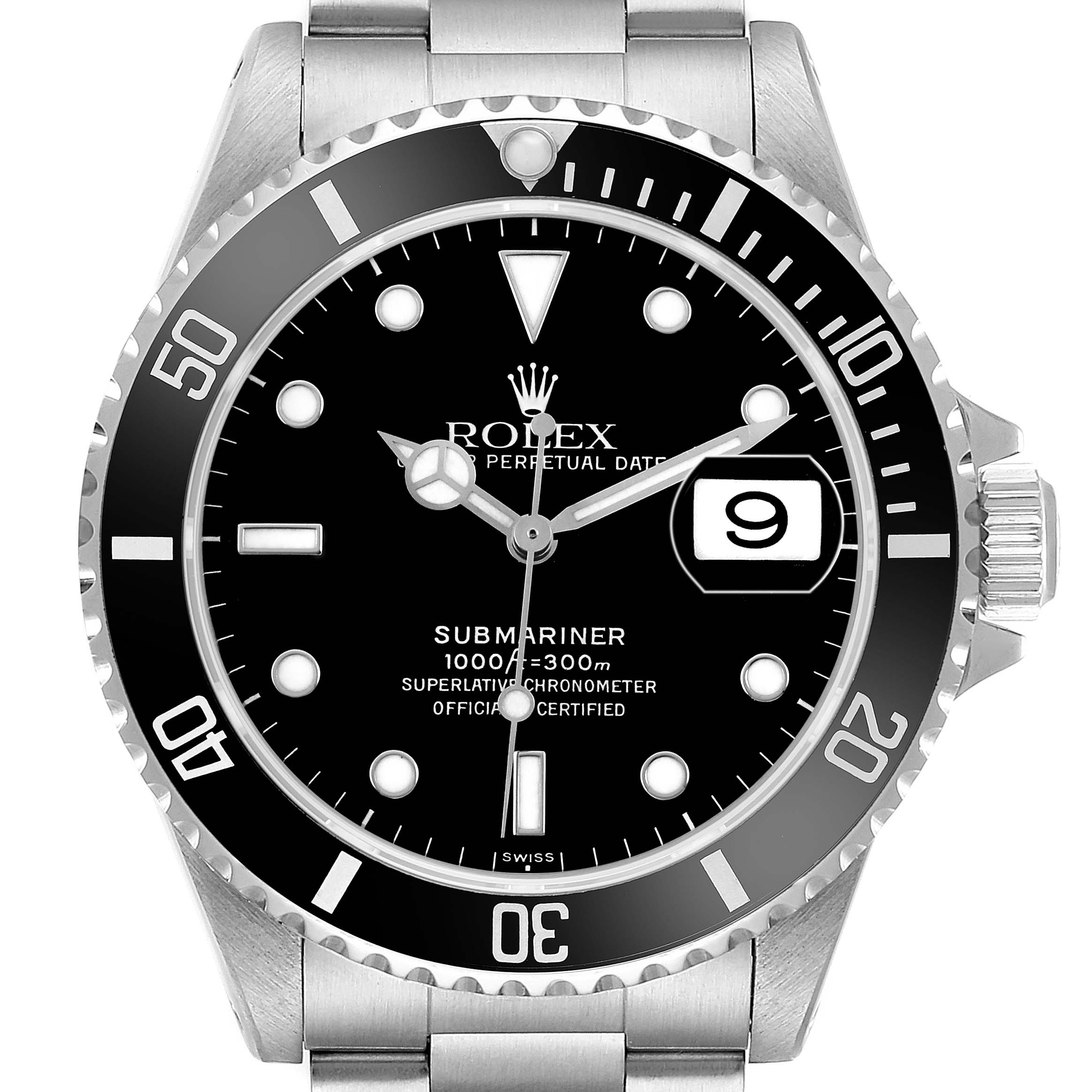 The image shows a frontal view of the Rolex Submariner 16610 Men's Stainless Steel Black Dial watch, displaying the dial, bezel, crown, and part of the bracelet.